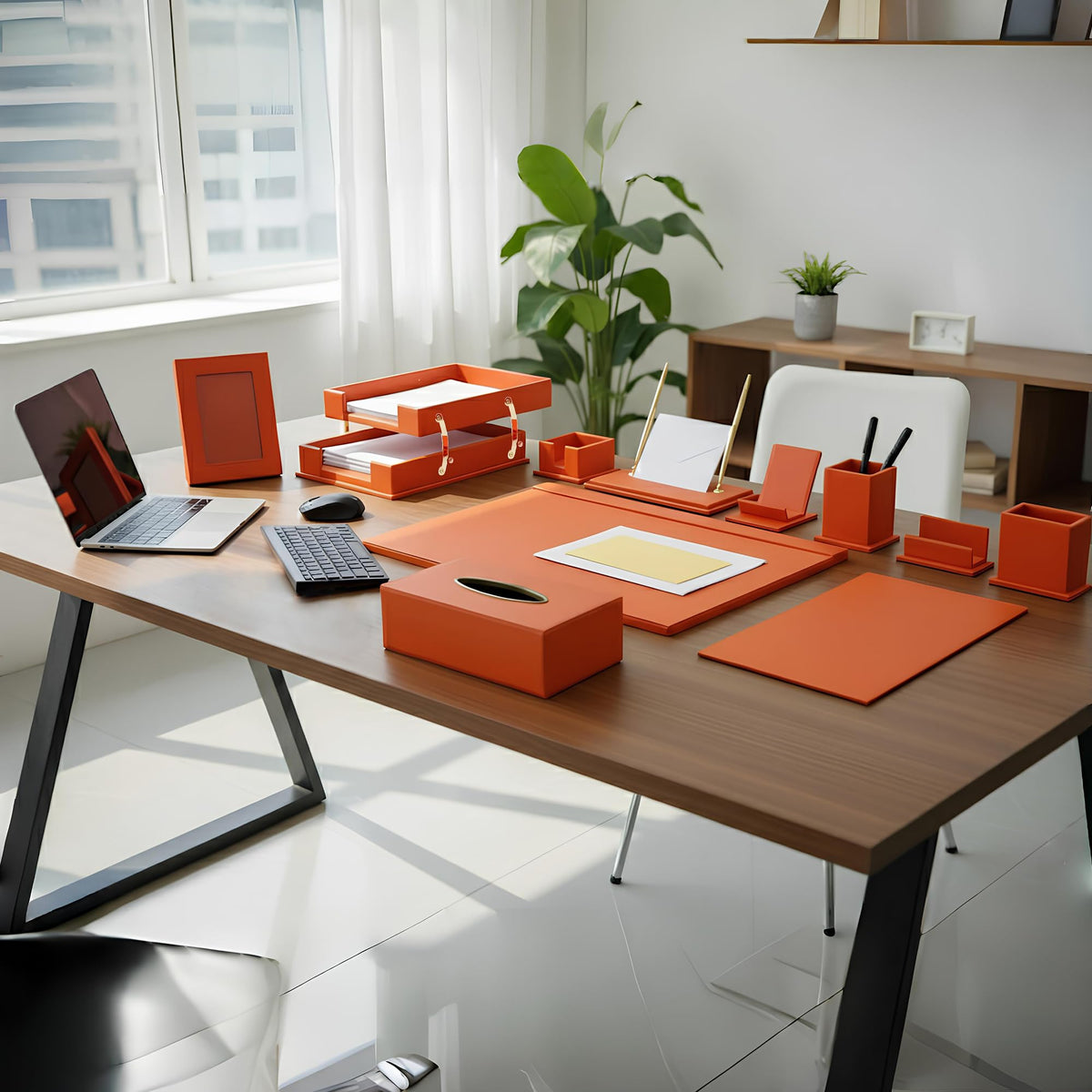 RitPin Luxury Executive Leather Desk Organizer Set –15-Piece Office Desk Accessories with Desk Pad, Letter Tray, Phone Stand, Pen Holder & Coasters – Professional Office Desk Decor & Gift (Orange)