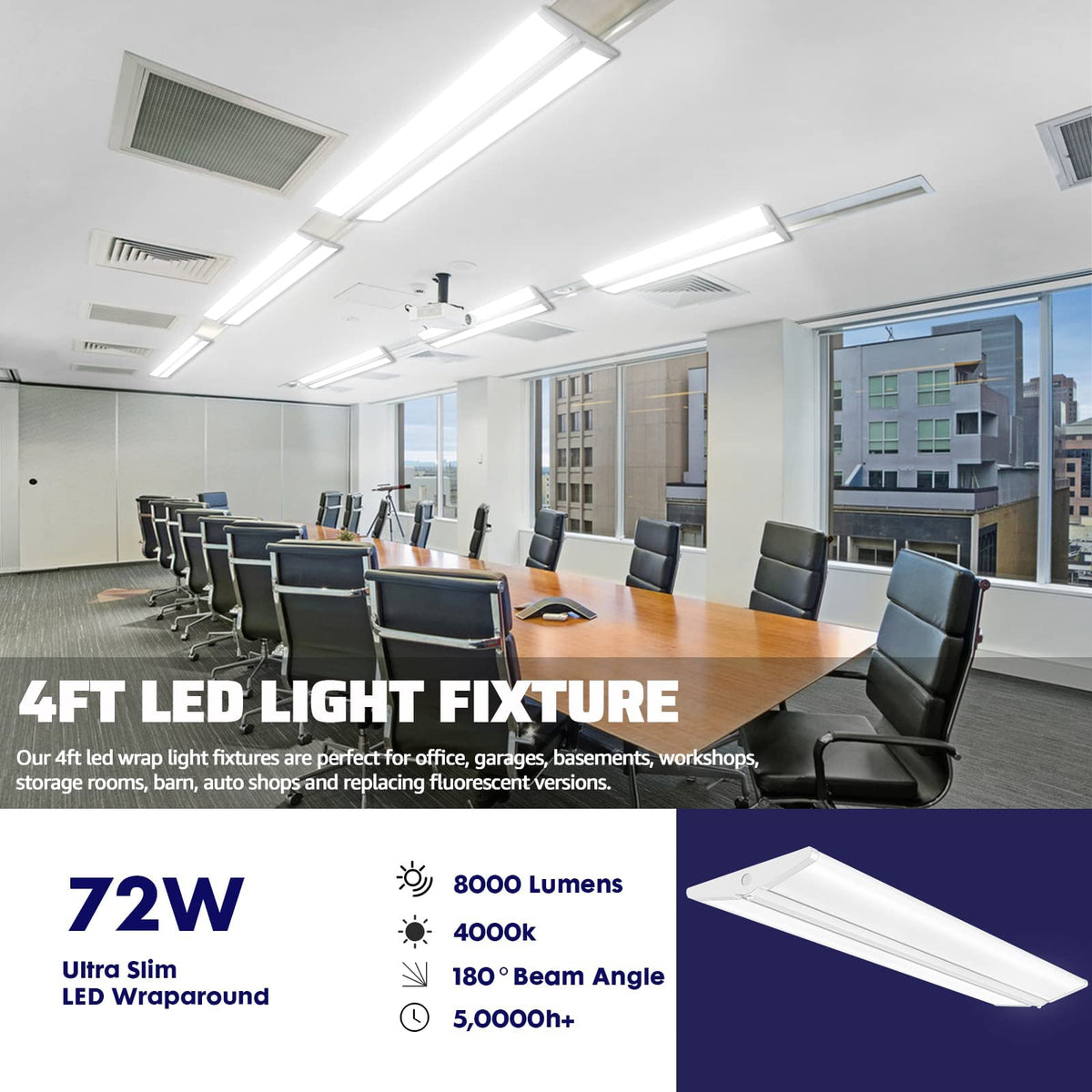 AntLux 72W 4FT LED Wraparound Office Light, Ultra Slim LED Garage Shop Lights Flush Mount, 8000 Lumens, 4000K, No Glare, 4 Foot Wrap Puff Ceiling Lighting Fixture, Fluorescent Tube Replacement, 4 Pack