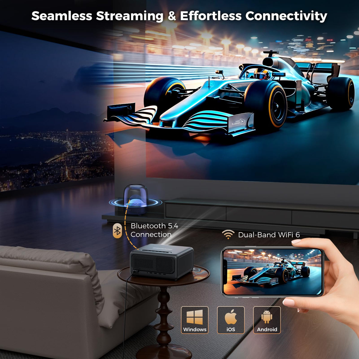 GooDee 4K Smart Projector with WiFi 6 & Bluetooth - UHD Movie Projector, ToF Auto Focus & Keystone, MEMC, Built-in Streaming Apps, Dolby Audio Home Theater for Outdoor Movie Night & Bedroom Cinema