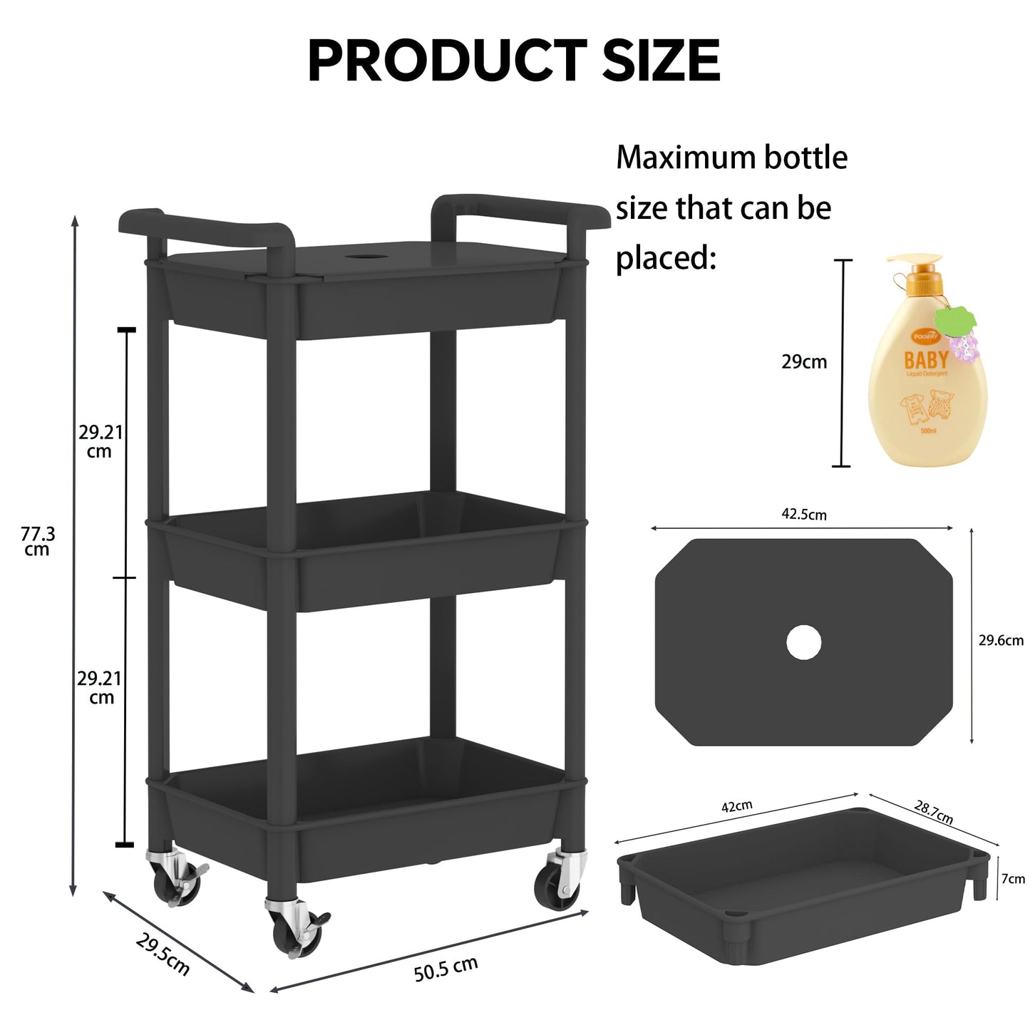 Steehoom 3-Tier Utility Rolling Cart with Cover Top Board, Mobile Utility Cart with Lockable Casters Multi-Functional Storage Trolley for Office, Bathroom, Kitchen, Garden, Laundry Room (Black)