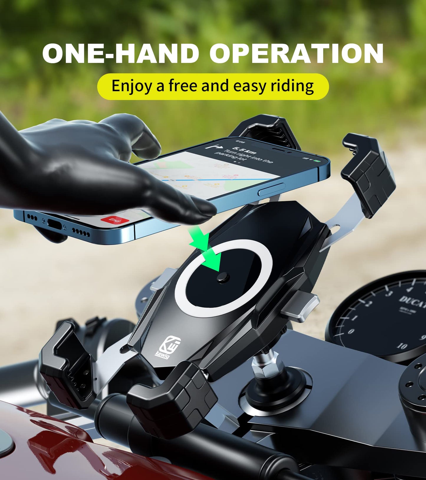 Kewig Motorcycle Fork Stem Phone Mount, Motorcycle Phone Mount, 1S One-Push Automatically Lock & Release, Fits for Fork Stem 12-25.4mm in Diameter, for 4.0-6.9" Cellphones