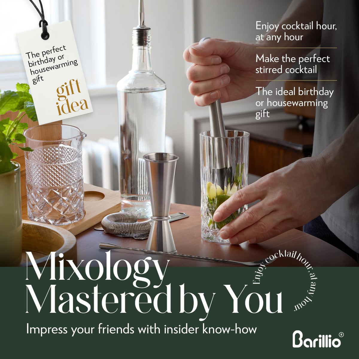 Barillio 24 Oz Crystal Cocktail Mixing Glass with Bamboo Stand & Bar Tools | Seamless Lead-Free Crystal, Weighted Base Stirring Pitcher | Including Muddler, Mixing Spoon, Jigger and Strainer