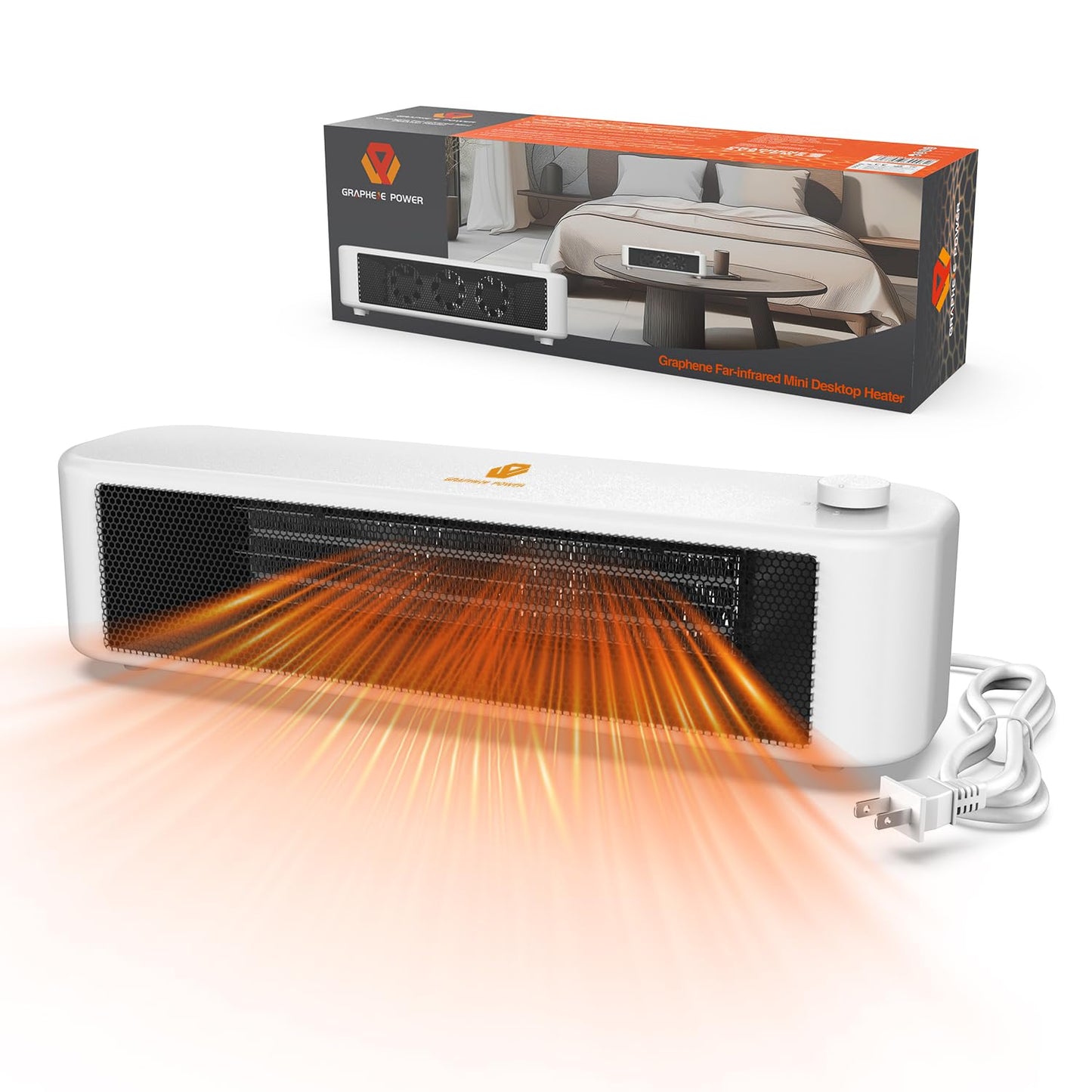500W Graphene Far-Infrared Mini Desktop Heater, Low-Noise Personal Space Heater with Overheat Protection, Compact Under-Desk & Office Heater, 2 Heat Settings, Safe-Touch Housing