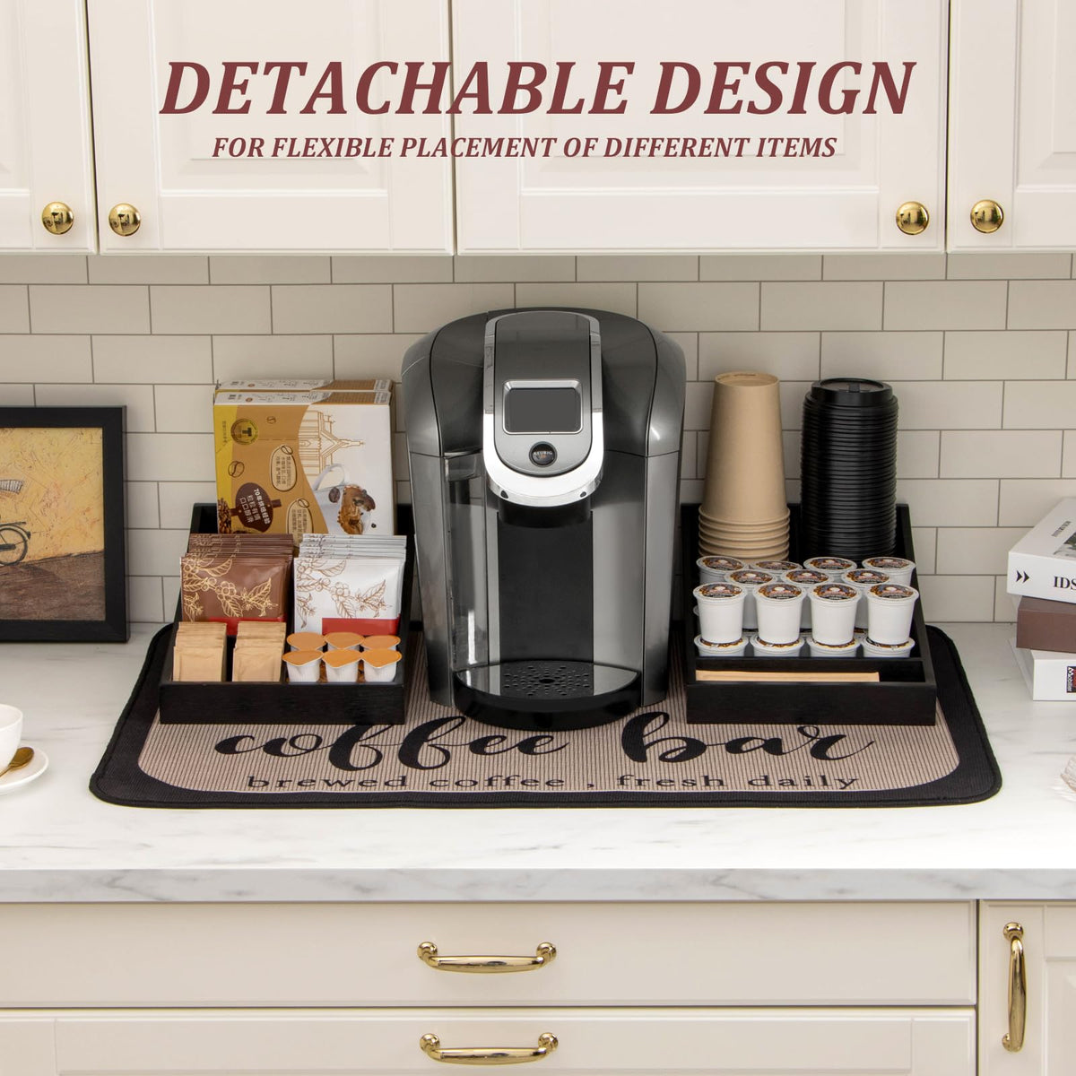 ANBOXIT Coffee Station Organizer for Countertop, Condiment Service Organizer, Coffee Bar Supplies Caddy for Home, Office and Breakroom - Wooden, Black, 9 Compartment, Two-in-One