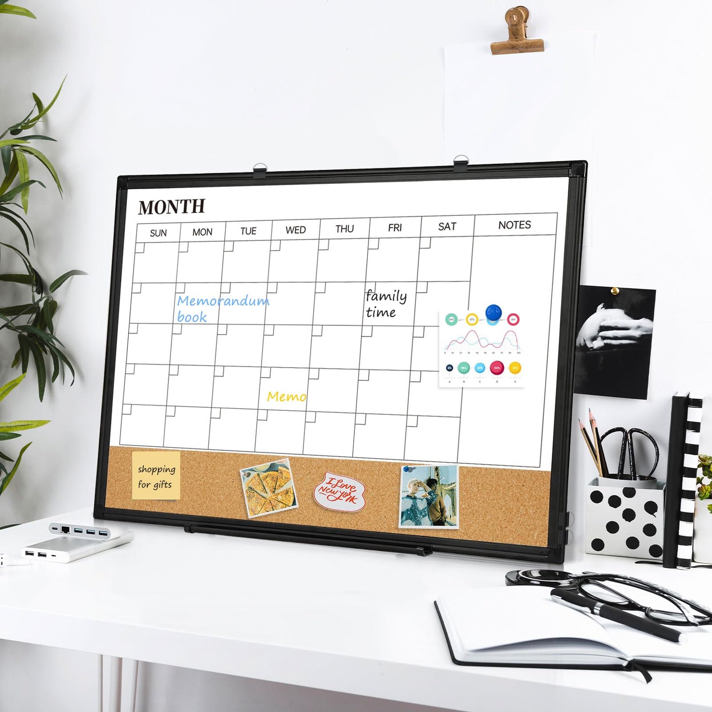 QUEENLINK Dry Erase Calendar Board for Wall, 24"x18" Magnetic Whiteboard Calendar Double-Sided Monthly White Board with Cork Board, Black Aluminum Frame Memo Message Board for Office, Home, School