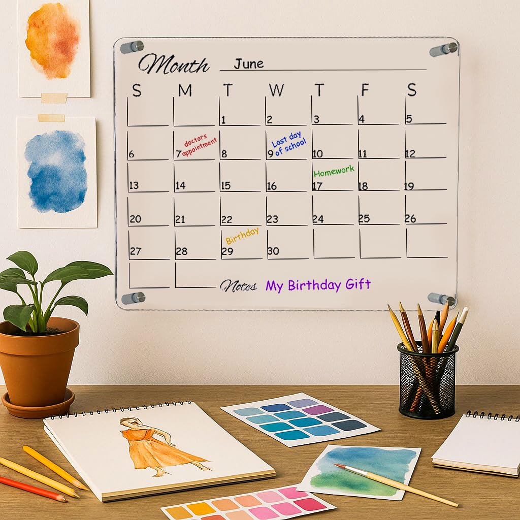 Premium Acrylic Calendar for Wall (16.75” x 13.25”) Clear Calendar & Family Reusable Planner with Vibrant Markers, Acrylic Dry Erase Board for Wall, Home, Office, or Family Command Center