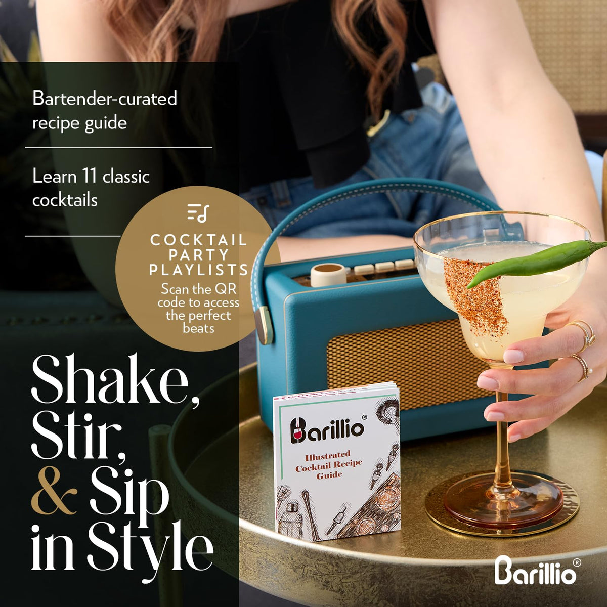 Barillio Black Mixology Bartender Kit with Stand - Cocktail Shaker Set with Bamboo Stand, Boston Drink Shaker, Mojito Muddler, and Drink Mixer Spoon - 9-Piece Bar Tools Set - Bar Accessories for Home