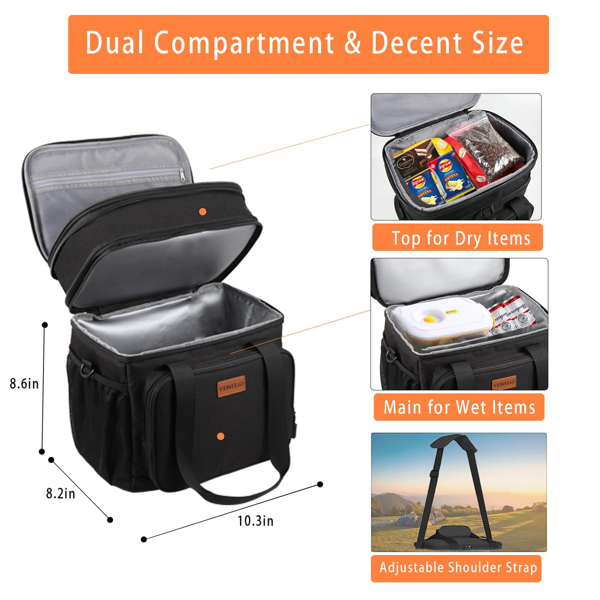 Expandable Lunch Box Cooler Bag - Insulated Soft Lunch Bag for Men Women - Large Lunchbox for Adults Work Camping Outdoor Travel Black 16L