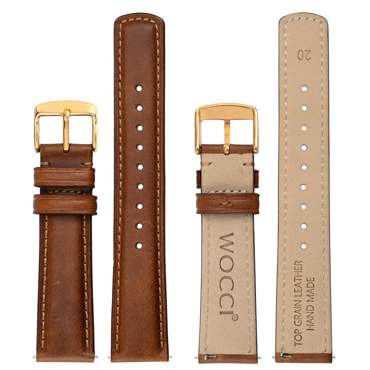 WOCCI 20mm Watch Band for Men and Women, Genuine Leather - Top Grain Leather, Quick Release Strap, Golden Buckle (Golden Brown)
