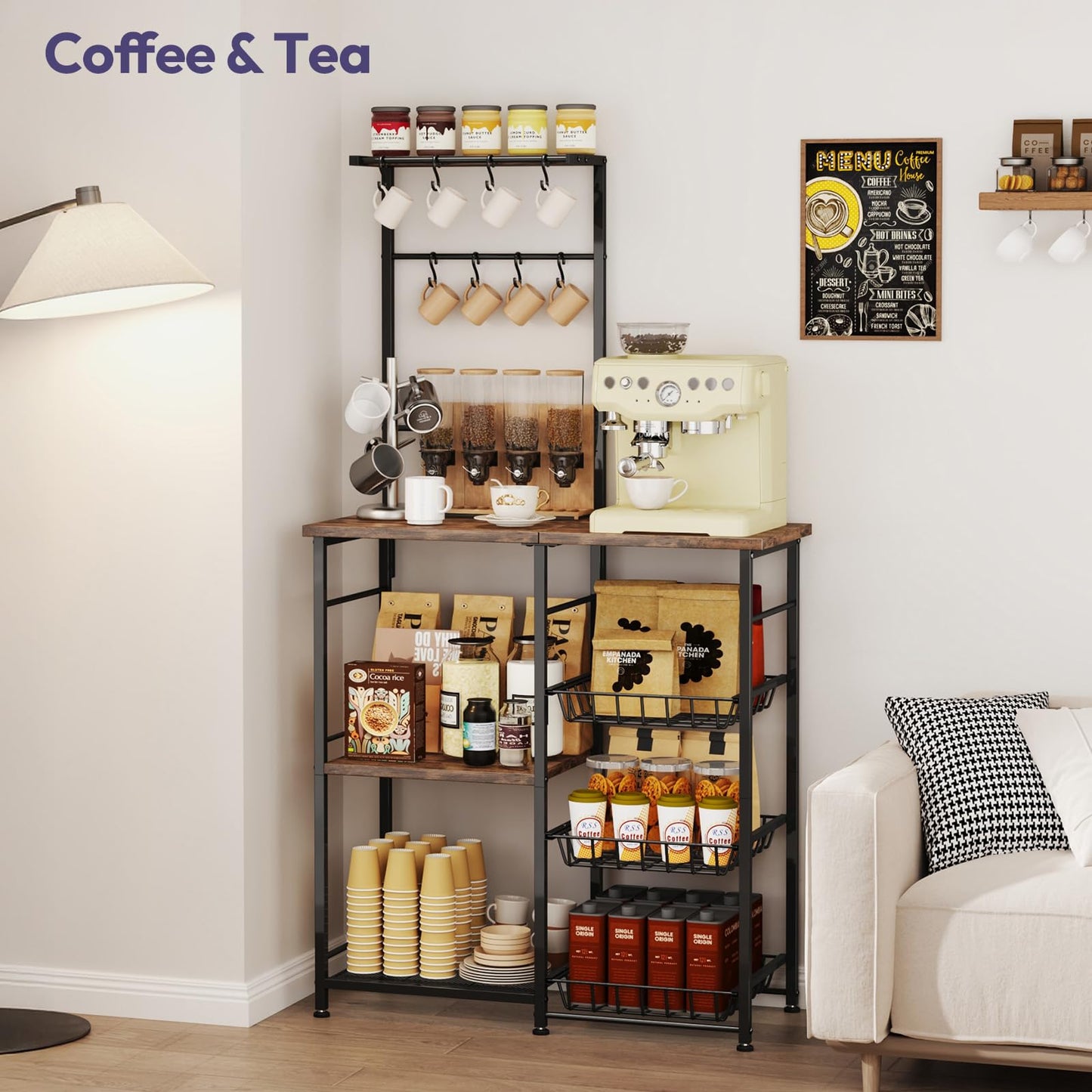 SWTYMIKI Bakers Rack with Storage - Coffee Bar Cabinet with Shelves, Coffee Station Organizer and Kitchen Stand with 8 Hooks, Baskets, Adjustable Feet for Kitchen Dining Room Pantry, Espresso