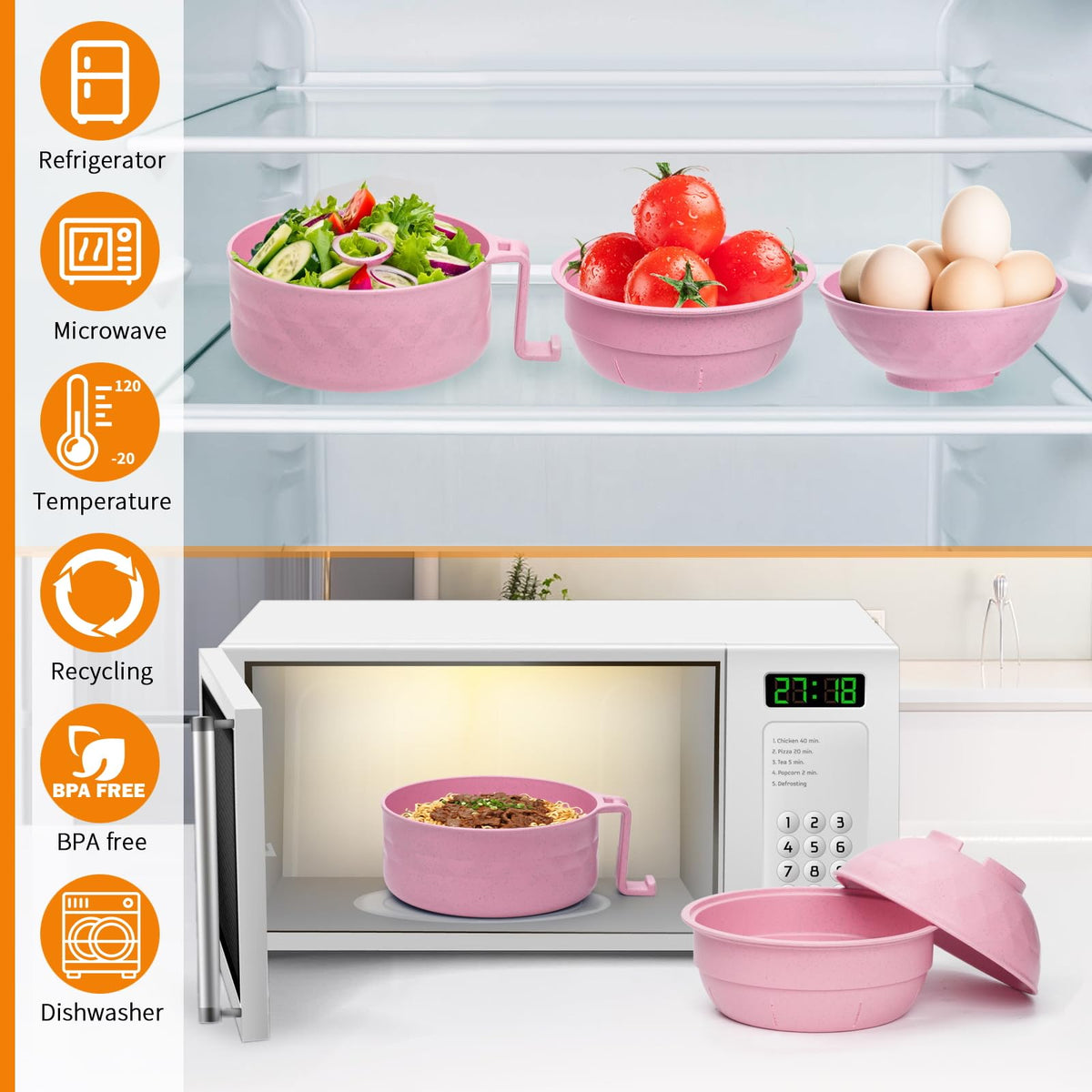 MUUBOOX Ramen Cooker,32oz Ramen Bowl Set,Microwave Ramen Bowl, Microwave Bowl with Lid, Portable Noodle Bowls,for Home Office Dorm Room College gift (Pink)