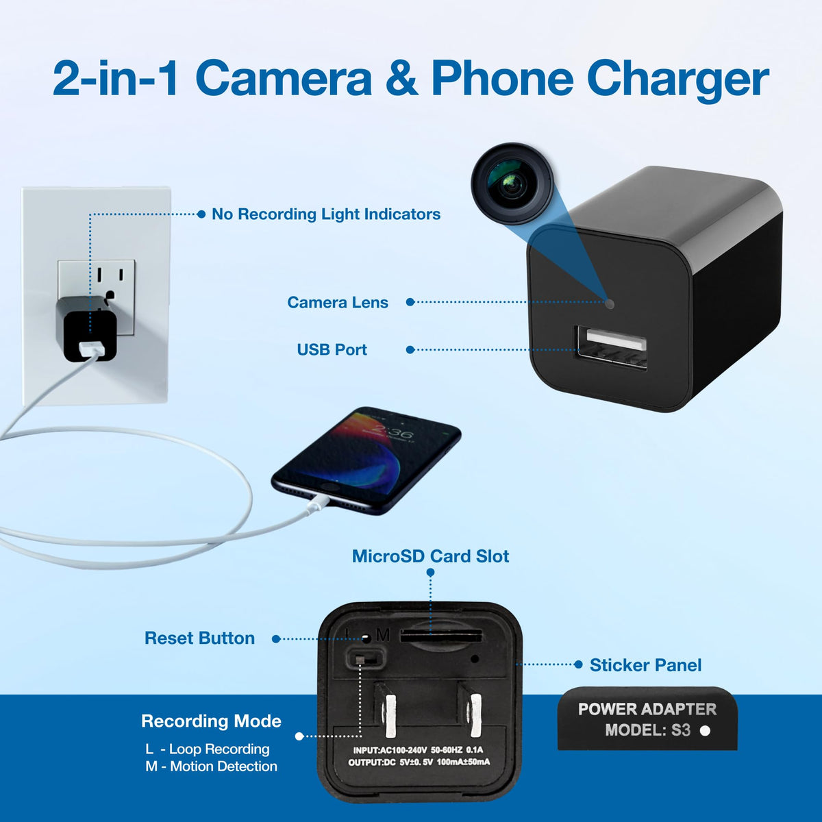 Asani Plug-in Mini Surveillance Camera - Nanny & Pet Cam - NO Audio Recording - Records Video ONLY - Home & Office Security with Micro SD Card Slot, Motion Detection, 1080P Full HD Video