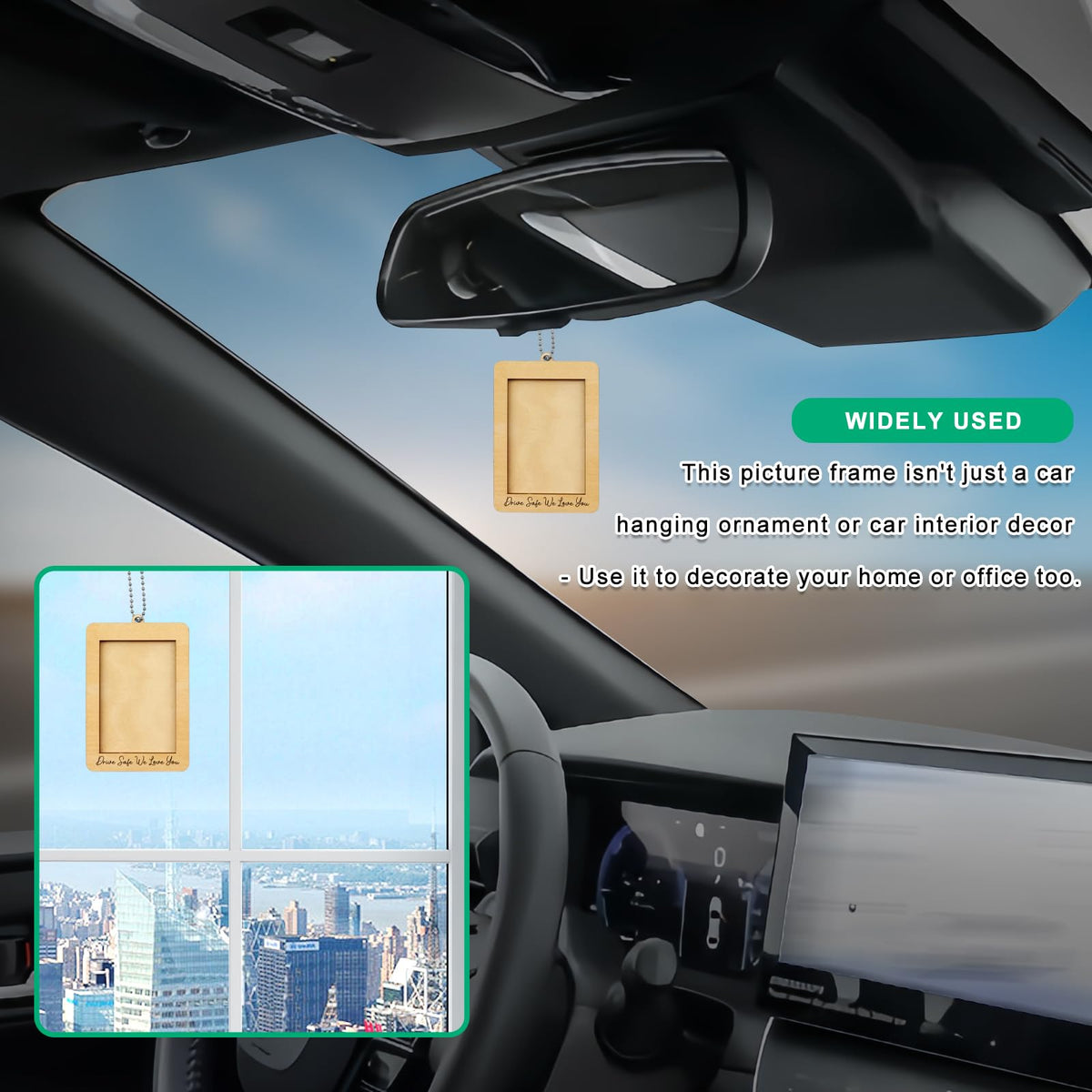 NOTISH Car Decor Hanging Picture Frame, Rear View Mirror Accessories, Car Picture Holder, Wallet-Sized Wooden Photo Frame, Mini Car Picture Frame(Drive Safe We Love you)