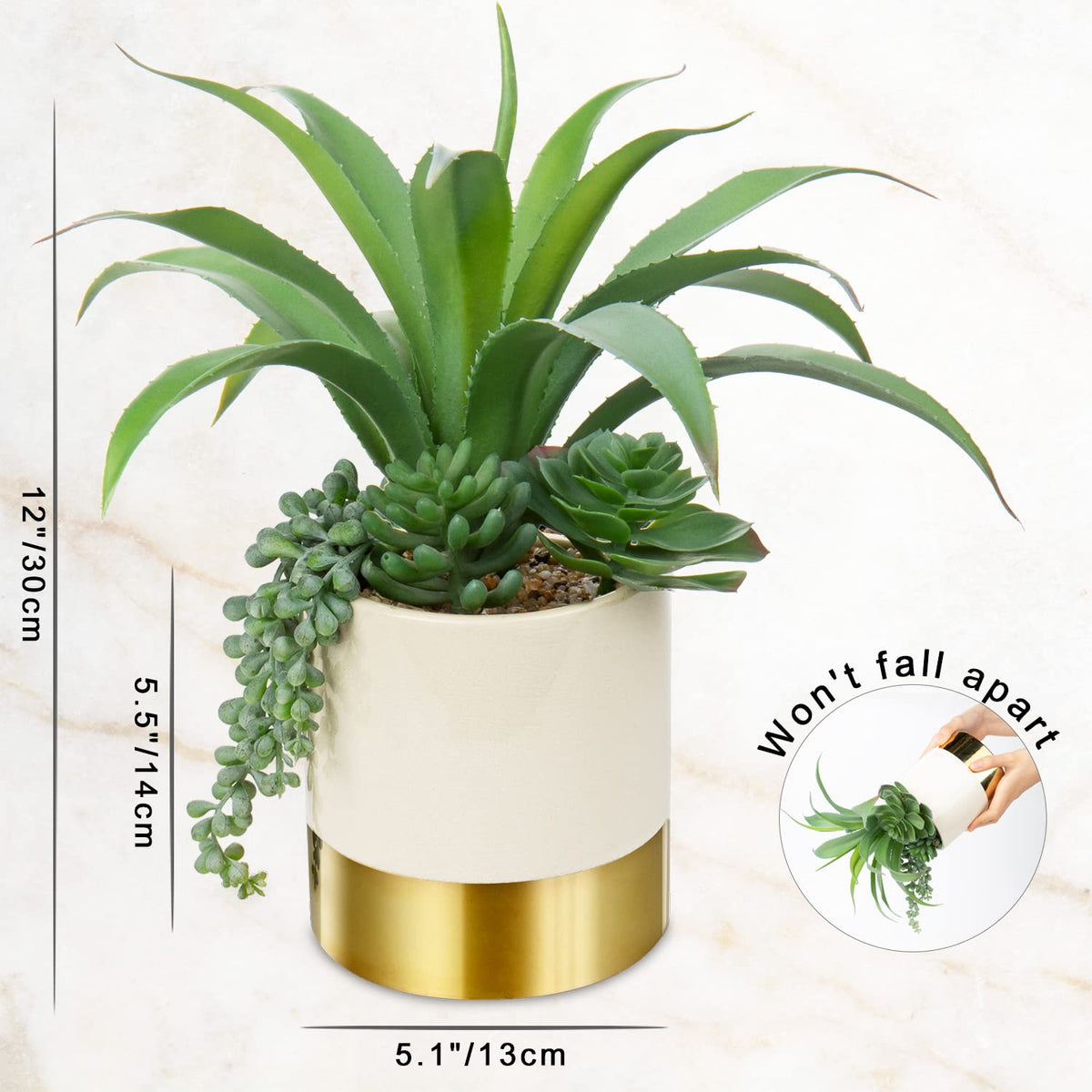 Hollyone Large Artificial Succulents Plants Faux Succulents 12" Fake Succulent Plants in Gold Ceramic Pot Succulent Plant for Desk Modern Home Living Room Office Table Bathroom Decor
