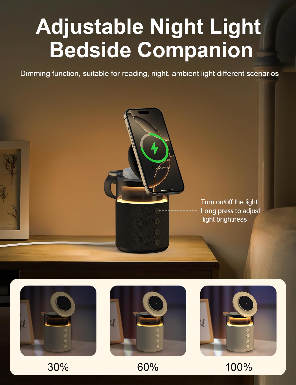 5-in-1 Wireless Charging Station with Bluetooth Speaker,Magnetic Charger with Night Light,Charger Stand with 33W Adapter Compatible with Apple Watch&iPhone 16 15 14 13 12 Pro Max&Wireless Earbuds
