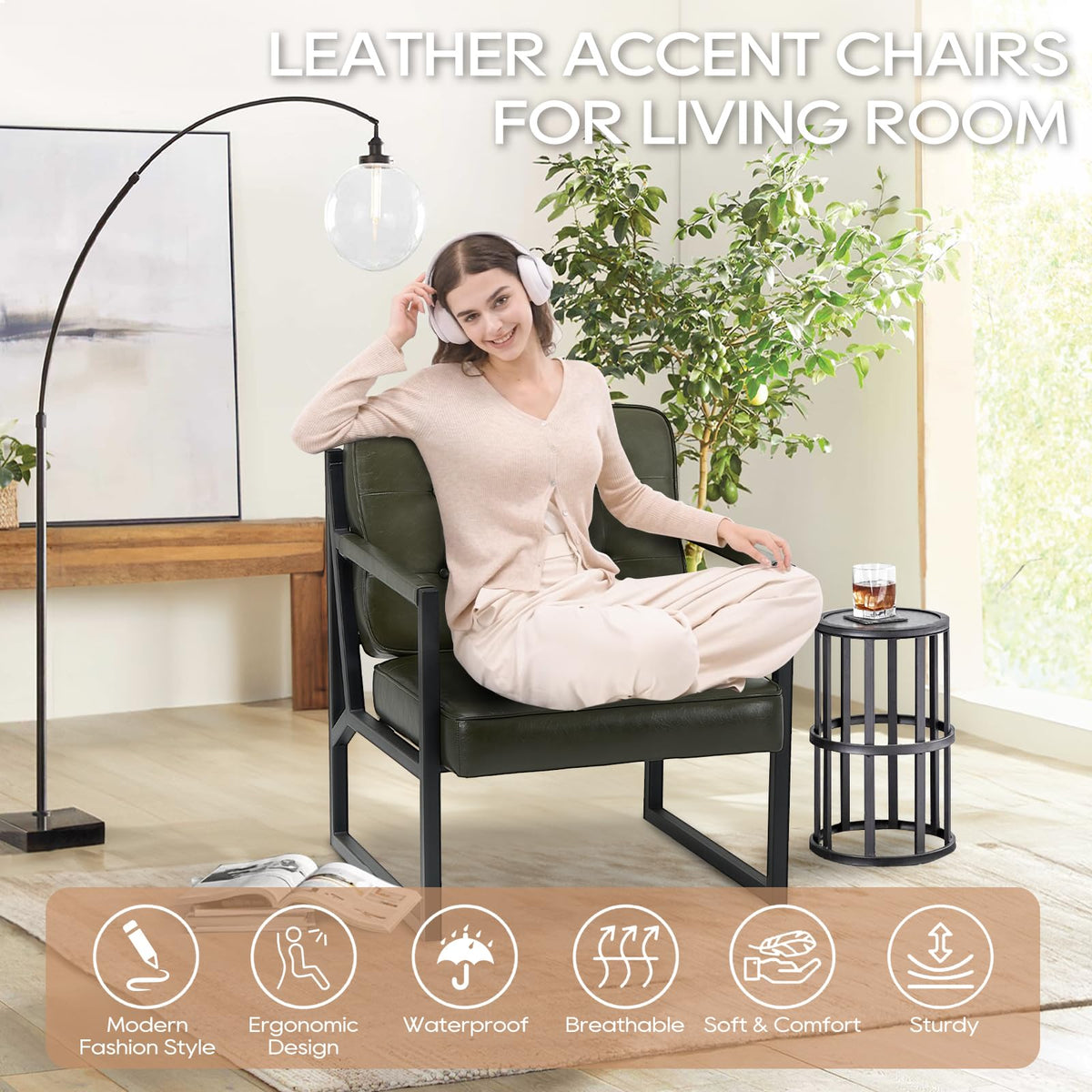COLAMY Accent Chairs Set of 2, Modern Accent Arm Chairs for Living Room, Comfy Leather Armchairs with Metal Legs for Reception Waiting Room Office Lobby, Green