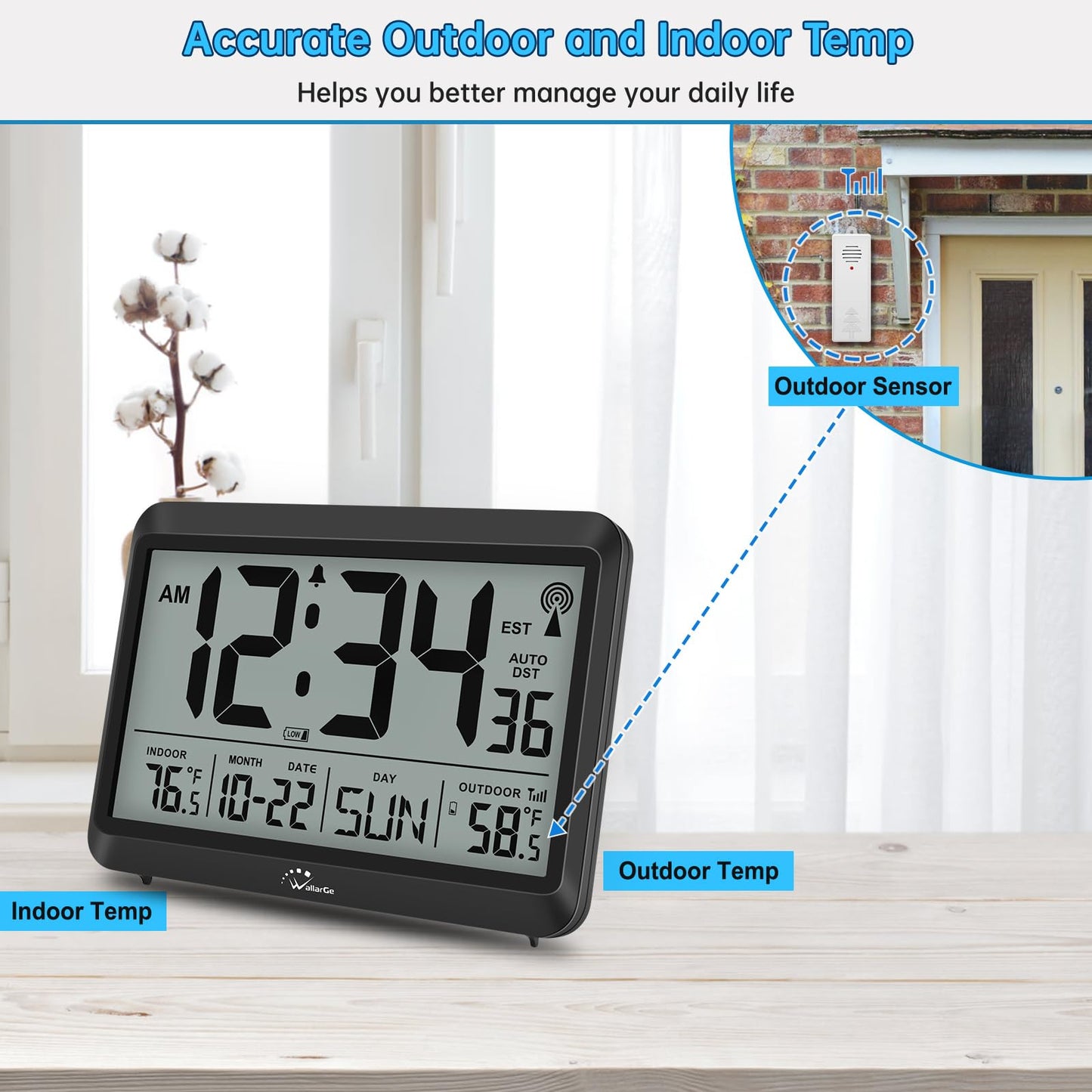 WallarGe Atomic Clock with Indoor Outdoor Temperature - 8.5'' Digital Clock Battery Operated, Self-Setting, 4 Time Zones, DST