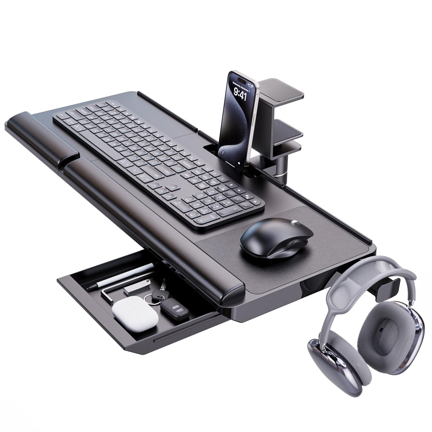 Klearlook Keyboard Tray Under Desk with 360° Rotation, Ergonomic Computer Keyboard & Mouse Tray 25"W×11.02"D Sit Stand Desk Keyboard Holder w/Wrist Rest & Storage Drawer (Height is not Adjustable)