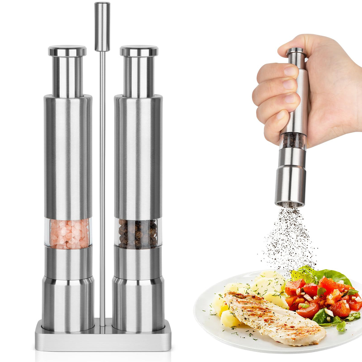 Salt and Pepper Grinder Set,Small Stainless Steel Manual Salt Grinder,Thumb Refillable Mini Salt Grinders Shakers With Base For Kitchen, Home, Travel, Camping, Cooking(Silvery)