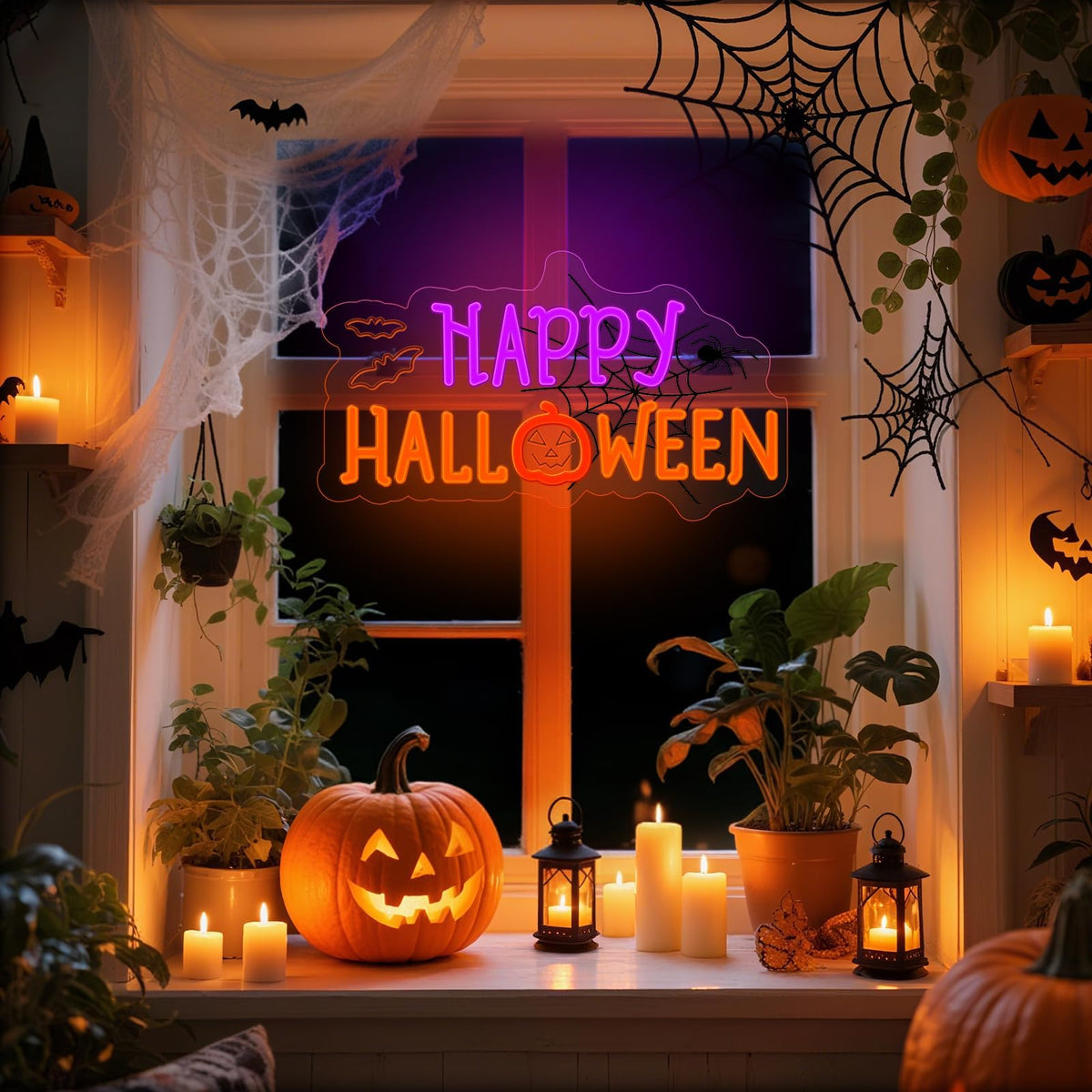 Halloween Neon Sign for Halloween Wall Decor,Dimmable Neon Light Bat & Pumpkin Light Up Signs for Halloween Bedroom Horror Party Bar Background Decoration
