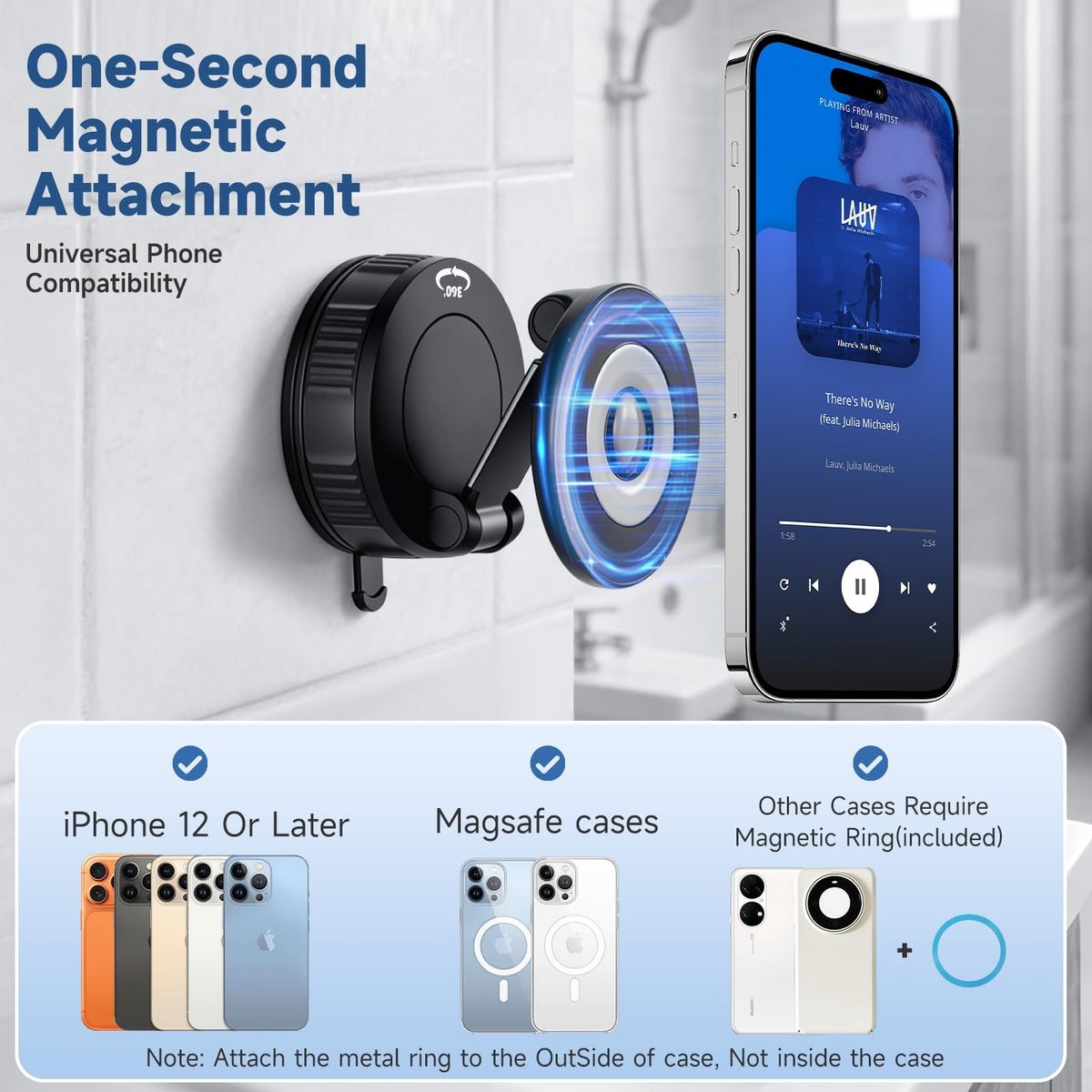 NibulaSpark Vacuum Magnetic Shower Phone Holder for Bathroom, Kitchen, Car- Hands Free Mirror Phone Holder, 360° Adjustable Suction Cup Phone Mount for iPhone Android, Gift for Men Women, Graduation