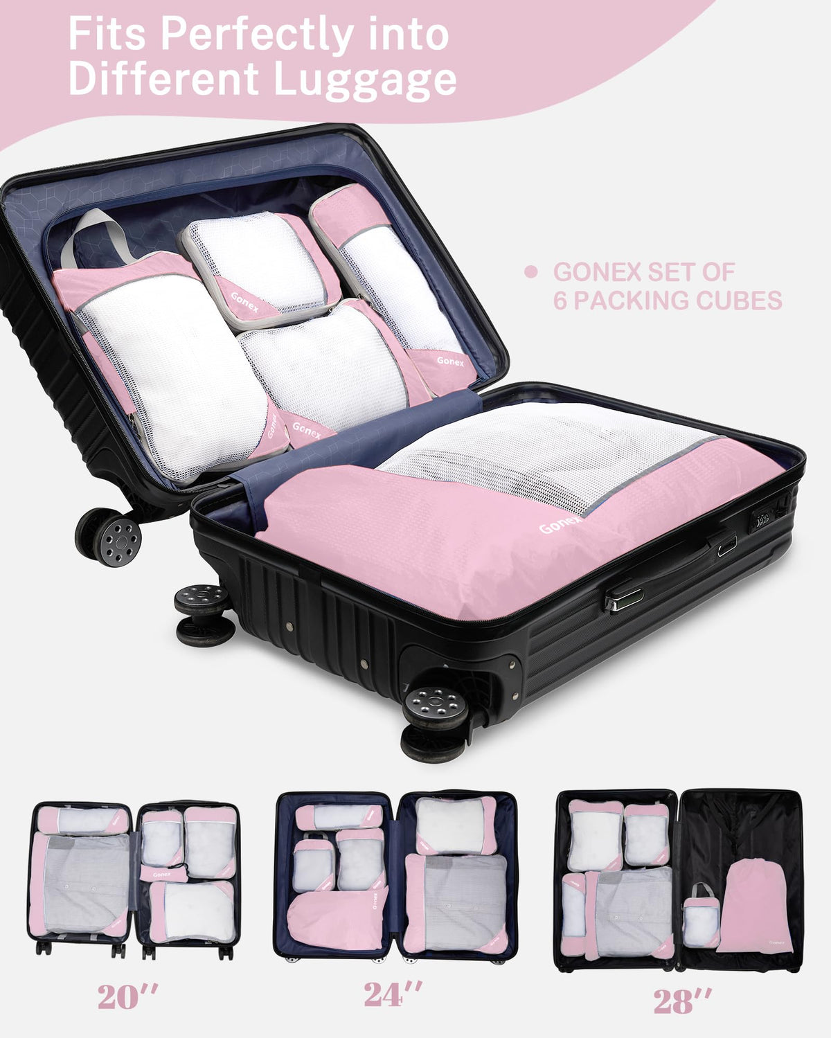 Gonex Compression Packing Cubes Mesh Organizers L+M+S+XS+Slim+Laundry Bag Pink