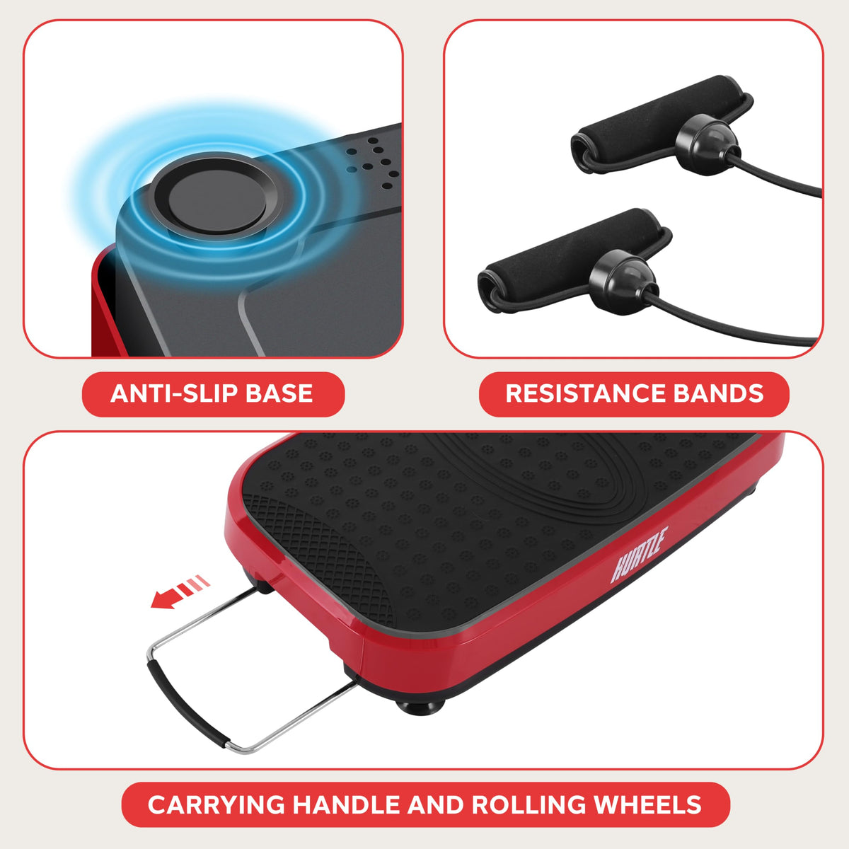 Hurtle Fitness Vibration Platform Machine - Home Gym Whole Body Shaker Exercise Machine Workout Trainer Fast Weight Loss with Resistance Bands Easy Carry Wheel with Handle, Remote Adjustable Speed