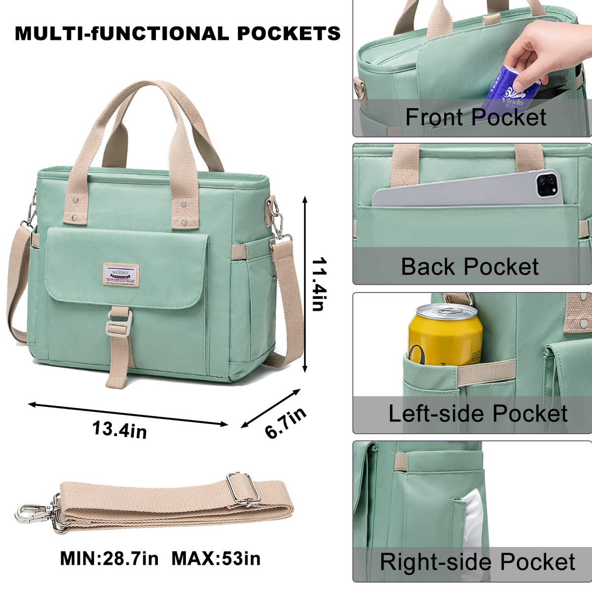 Weitars Insulated Lunch Bag for Men Women,Leak Proof Lunch Box for Work,Large Lunch Tote Bag With Removable Shoulder Strap with Side Pockets,Reusable Lunch Cooler Bag For Picnic Hiking