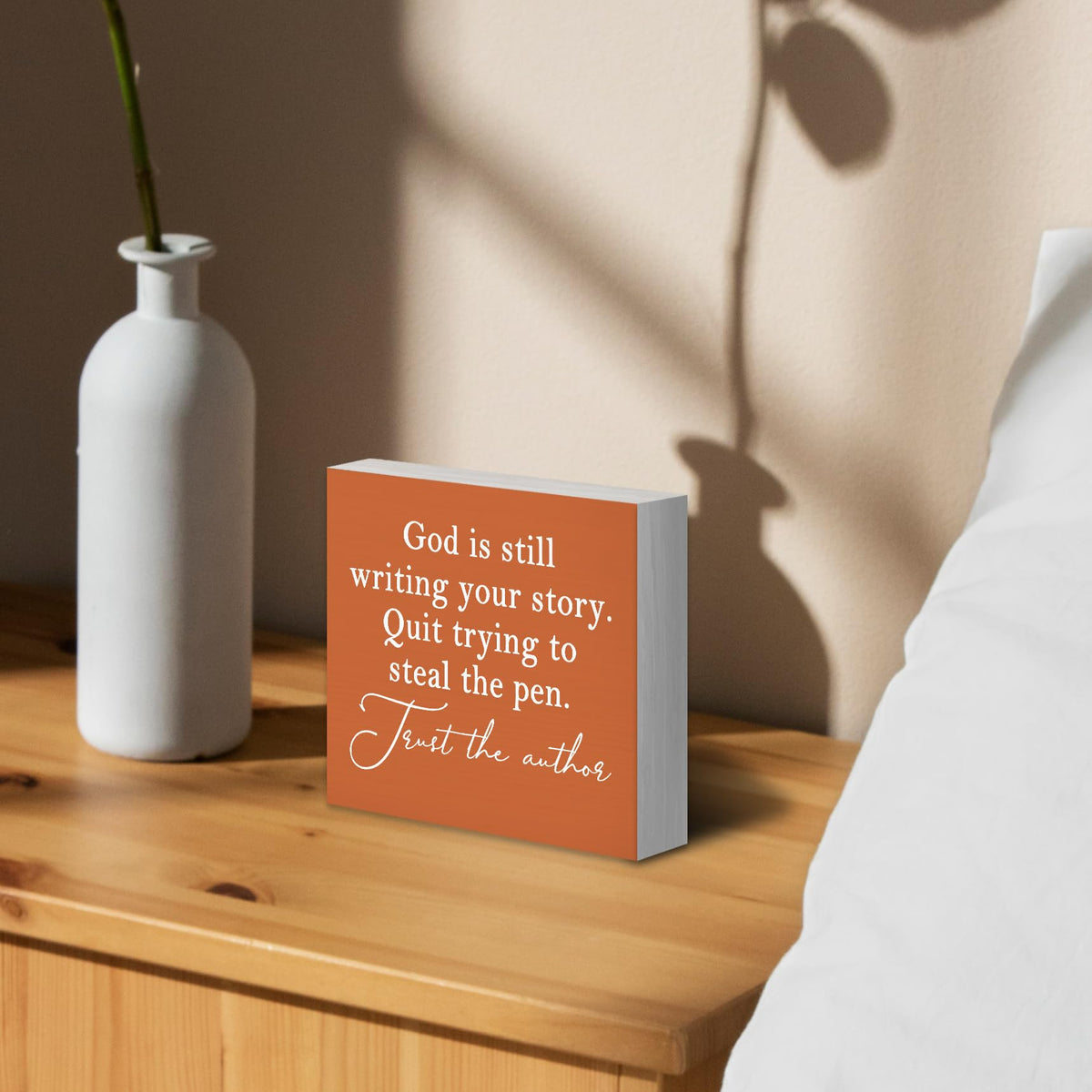 Luipk God Is Still Writing Your Story Orange Wood Box Sign Desk Decor 5X5, Christian Scripture Bible Verse Prayer Room Block Sign Decorations for Home Office Wall Tabletop Shelf Decor