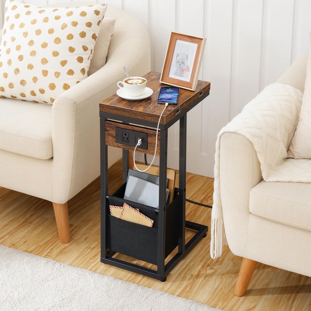 HOOBRO C Shaped Side Table with Charging Station, Foldable End Table with Fabric Bag, Sofa Couch Tray Table for Small Space in Living Room, Bedroom, Rustic Brown and Black BF30USF01