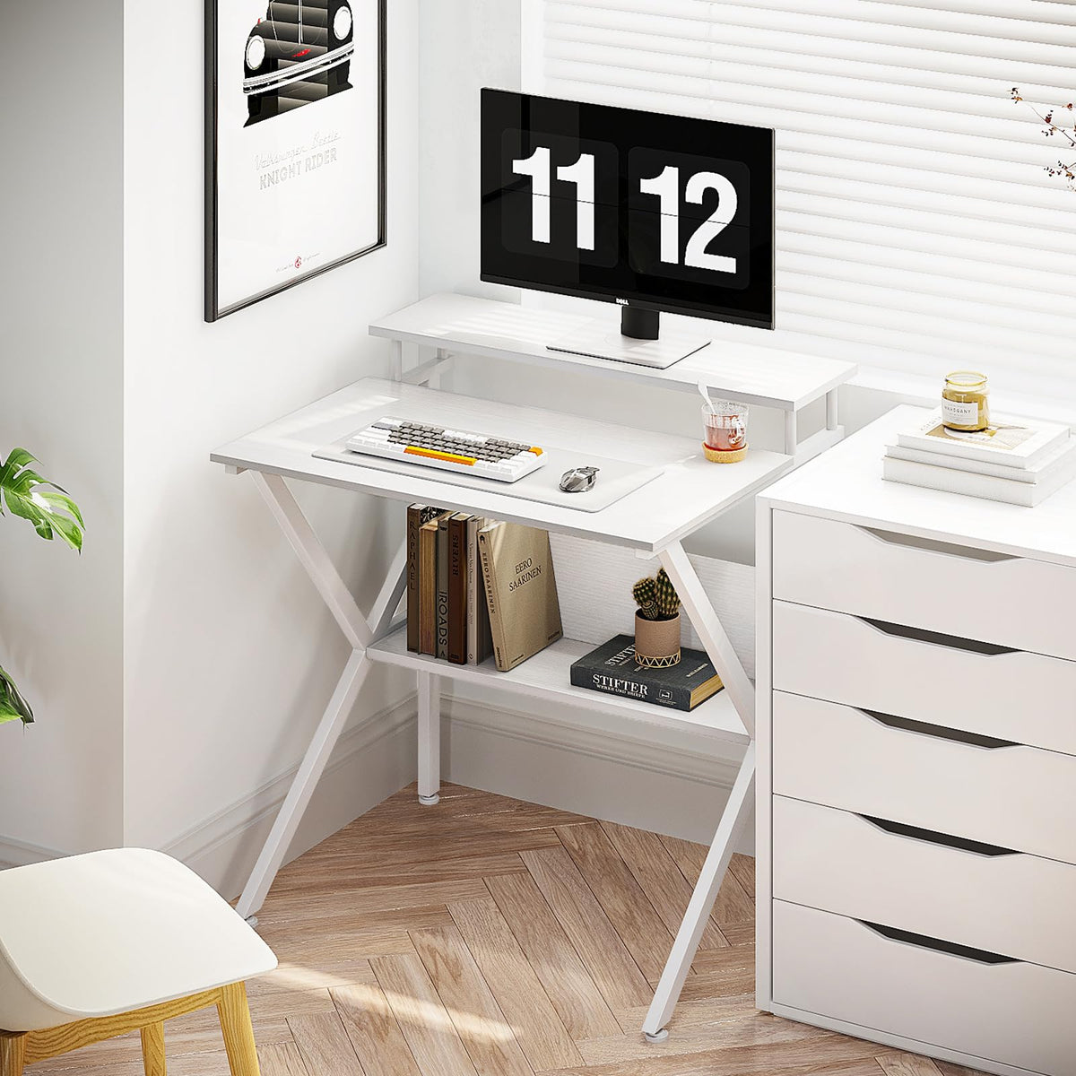 ODK Small Computer Desk, 27.5 inch Desk for Small Spaces with Storage, Compact Table with Monitor & Storage Shelves for Home Office, Modern Style Laptop Desk, Pure White