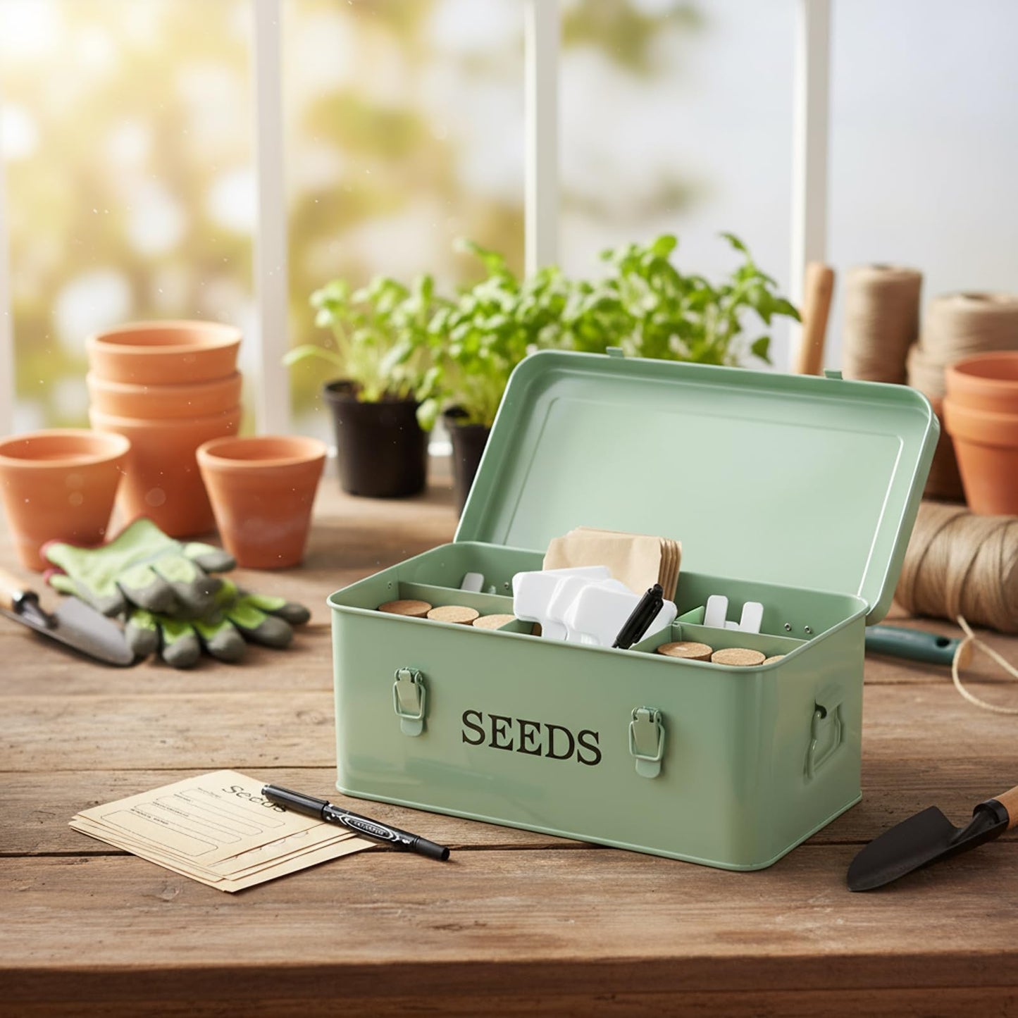 Seed Storage Organizer, 4 Compartment Metal Seed Saving Box with Lid and Safety Locks,Seeds Packet Container with 1 Pen, 12 Slots, 20 Plant Labels, 30 Seeds Envelopes,Perfect for Flower Plants Garden