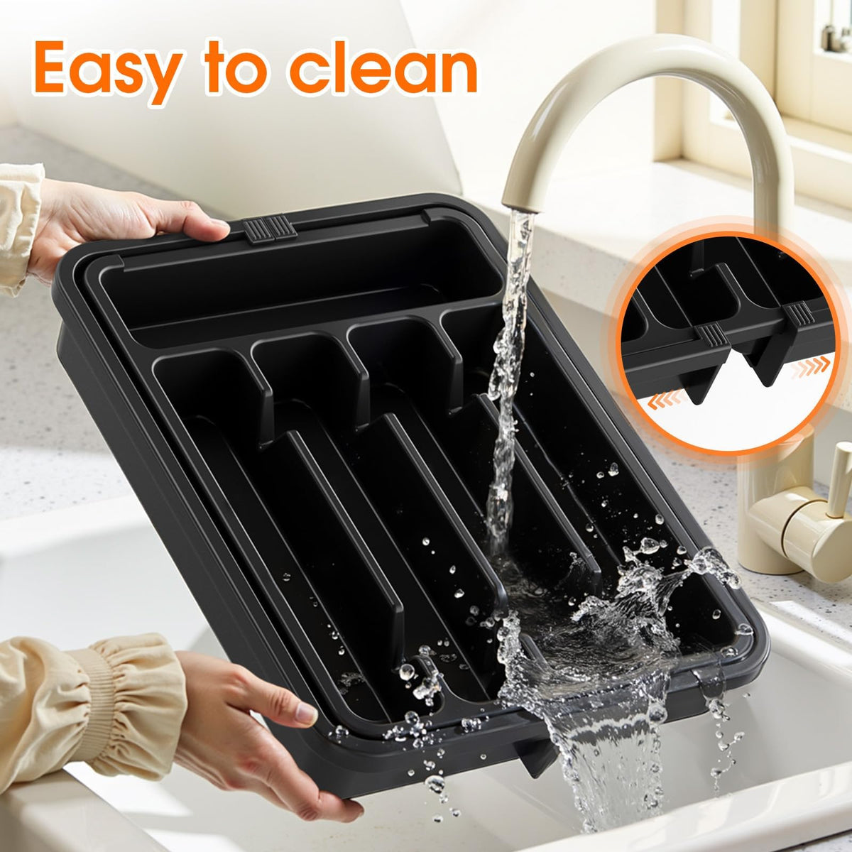 SpaceHacks Silverware Organizer，Adjustable & Expandable Utensil Drawer Organizer, BPA Free Utensil Holder, Cutlery Tray for Forks, Spoons, Knives in Kitchen, Medium, Black