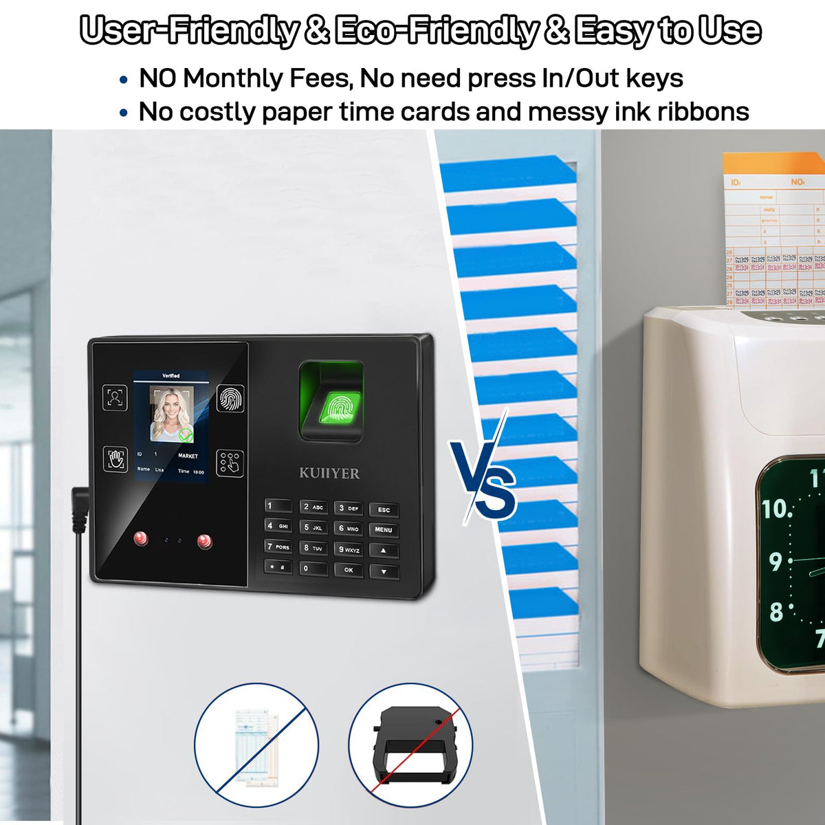 KUIIYER 4 in 1 Employees Time Clocks for Small Business (Face + Fingerprint + Palm Print + PIN) Employee Clock in & Out Machine Biometric Attendance Punch Clock Recorder Tracker (No Monthly Fee)