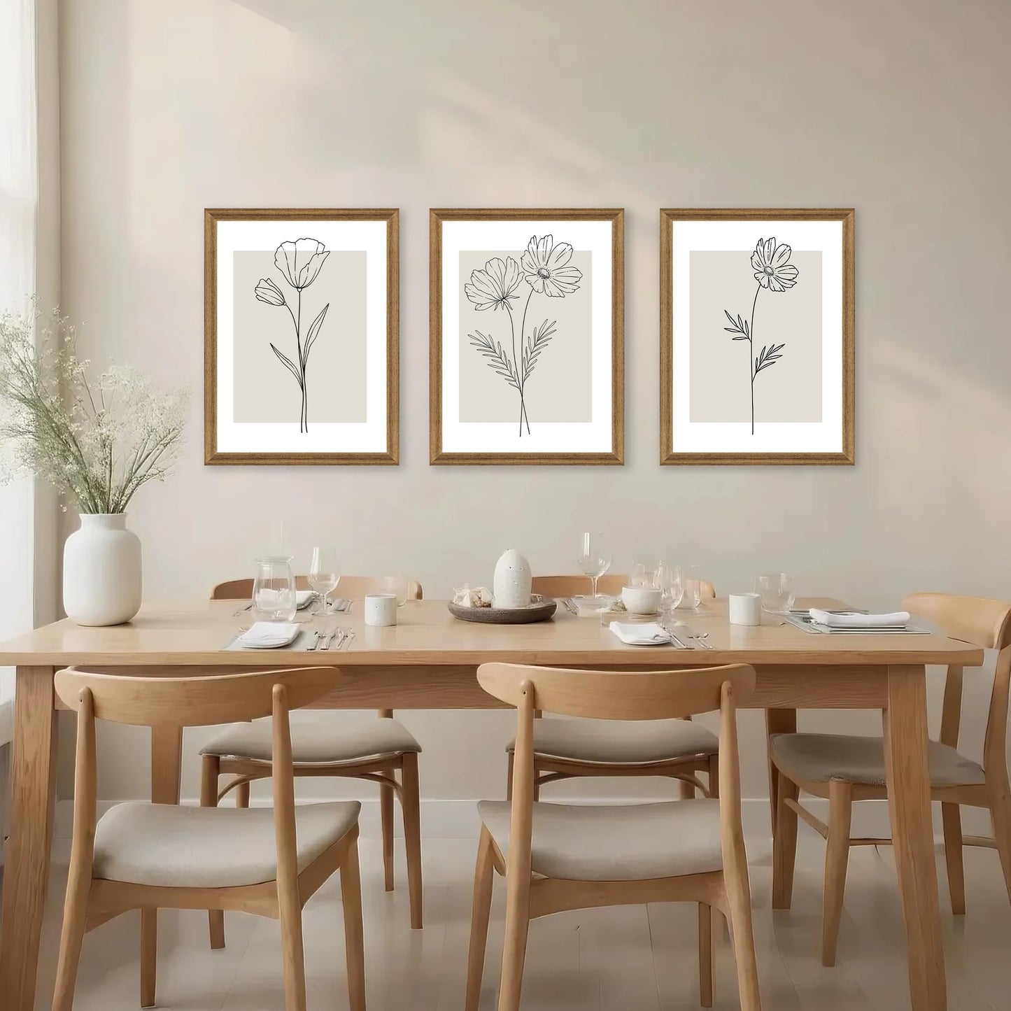 ICHZUMW Neutral Botanical Floral Wall Art, Black and White Farmhouse Flowers Wall Decor, Modern Minimalist Line Art Canvas Prints, Beige Artwork, Living Room Bedroom Home Office, Set of 3, 12x16in