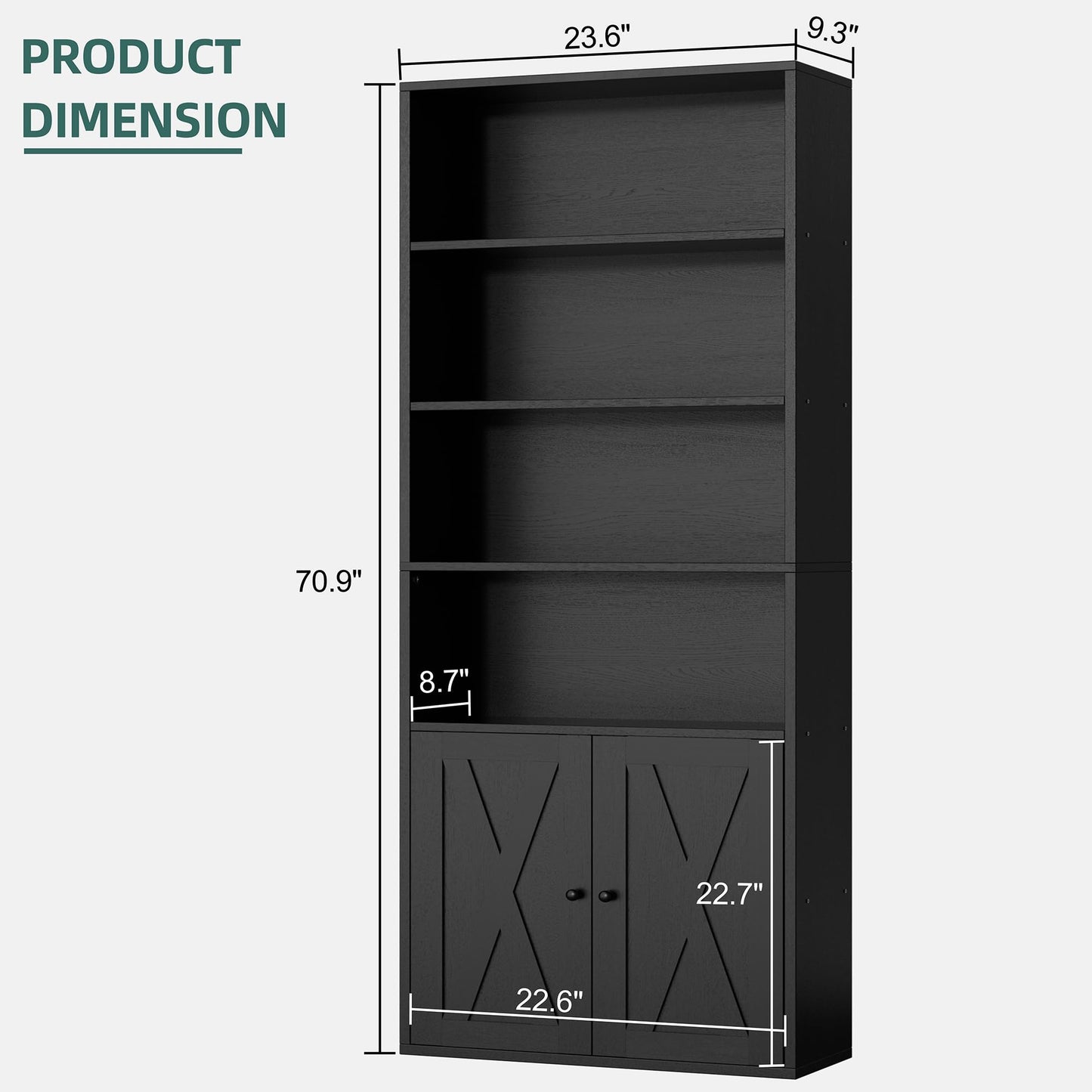Shintenchi Bookshelf, Industrial Bookshelves and Bookcases with Doors Floor Standing 6 Shelf Display Storage Shelves 70.9 inches Tall Bookcase for Home Office, Living Room (Black)