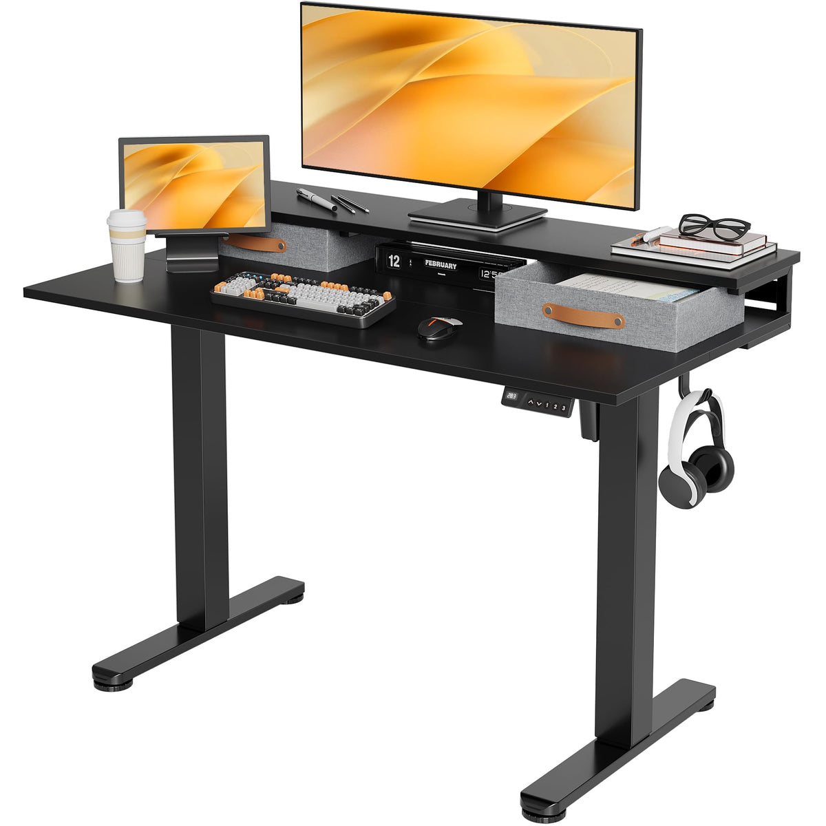 Claiks 48 Inch Electric Standing Desk with 2 Drawers, Adjustable Height Computer Table with Monitor Shelf, Scratch-Resistant Particleboard Desk with Hooks, Black