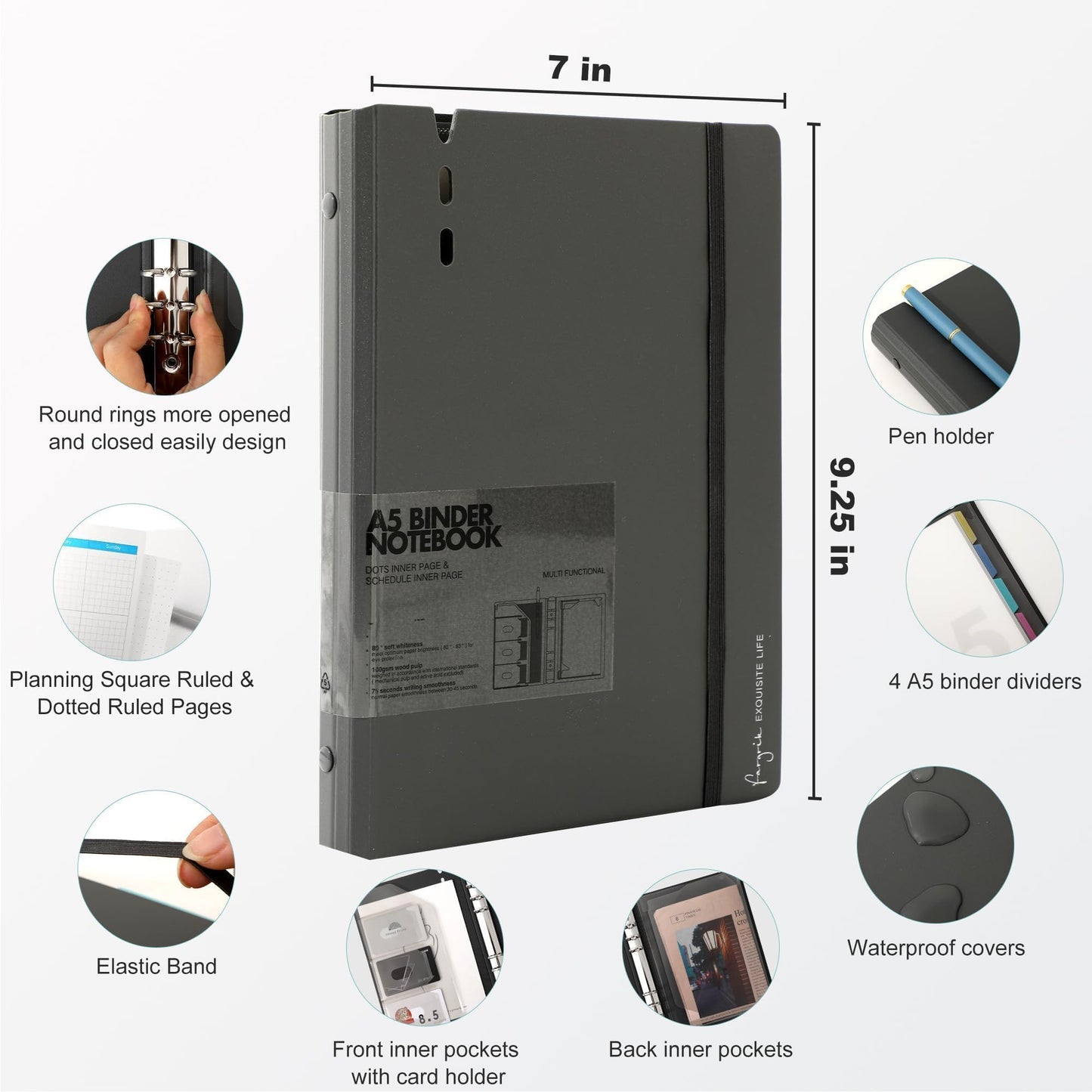 CAGIE A5 Binder 6 Ring Notebook with Dividers Refillable Planner Binder with Pockets, Refill Paper Include Planning Square Ruled and Dotted Pages, 6.89 x 9.25 in, (Grey and Purple, A5 Daily&Dot Page)