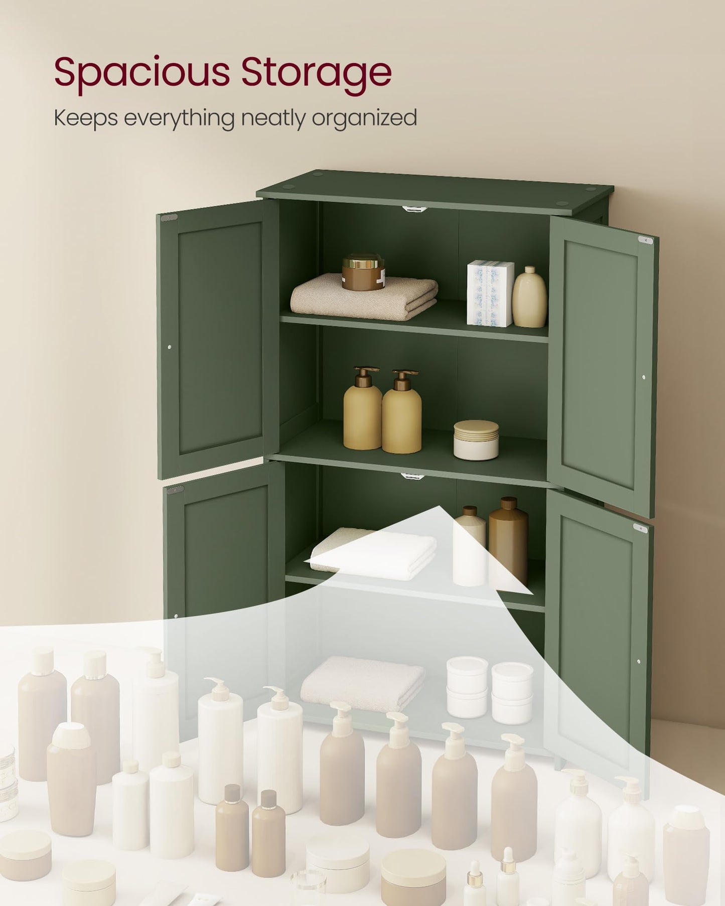 VASAGLE Floor Storage Cabinet, Shaker Cabinet with 2 Adjustable Shelves, 4 Doors, Tall Freestanding Organizer Unit, for Kitchen Bathroom Living Room, Forest Green UBBC553CH01S