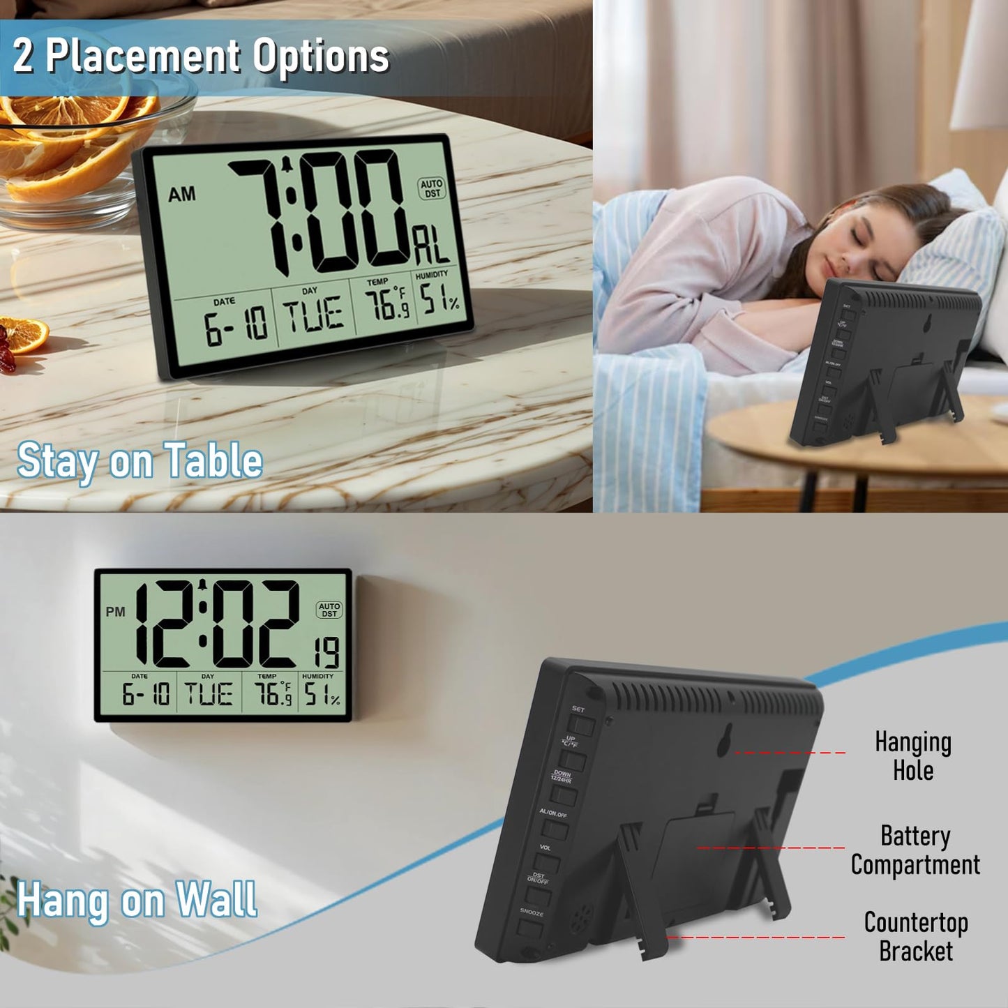 9‘’ Narrow Bezels Battery Operated Digital Wall Clock with Temperature and Humidity - Auto DST, Large 2⅝'' Digits, 5-Level Volume Alarm (3 AA Included) - Wall Mount/Desktop for Office Bedroom Kitchen