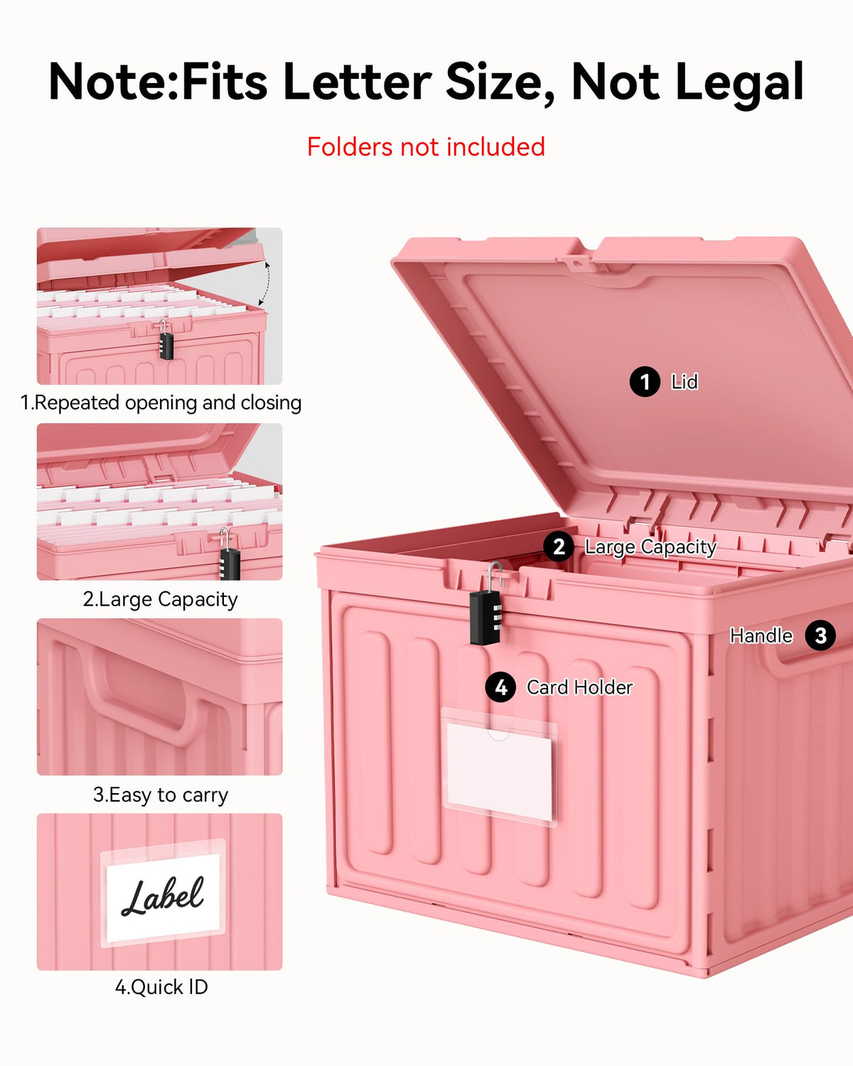 Oterri Plastic File Box with Lid for Letter Size Hanging File Folders, Hanging File Folder Box for Home, Office, School, File Cabinet, Assembly File Organizer, Pink，Large-2 Pack Without Folders
