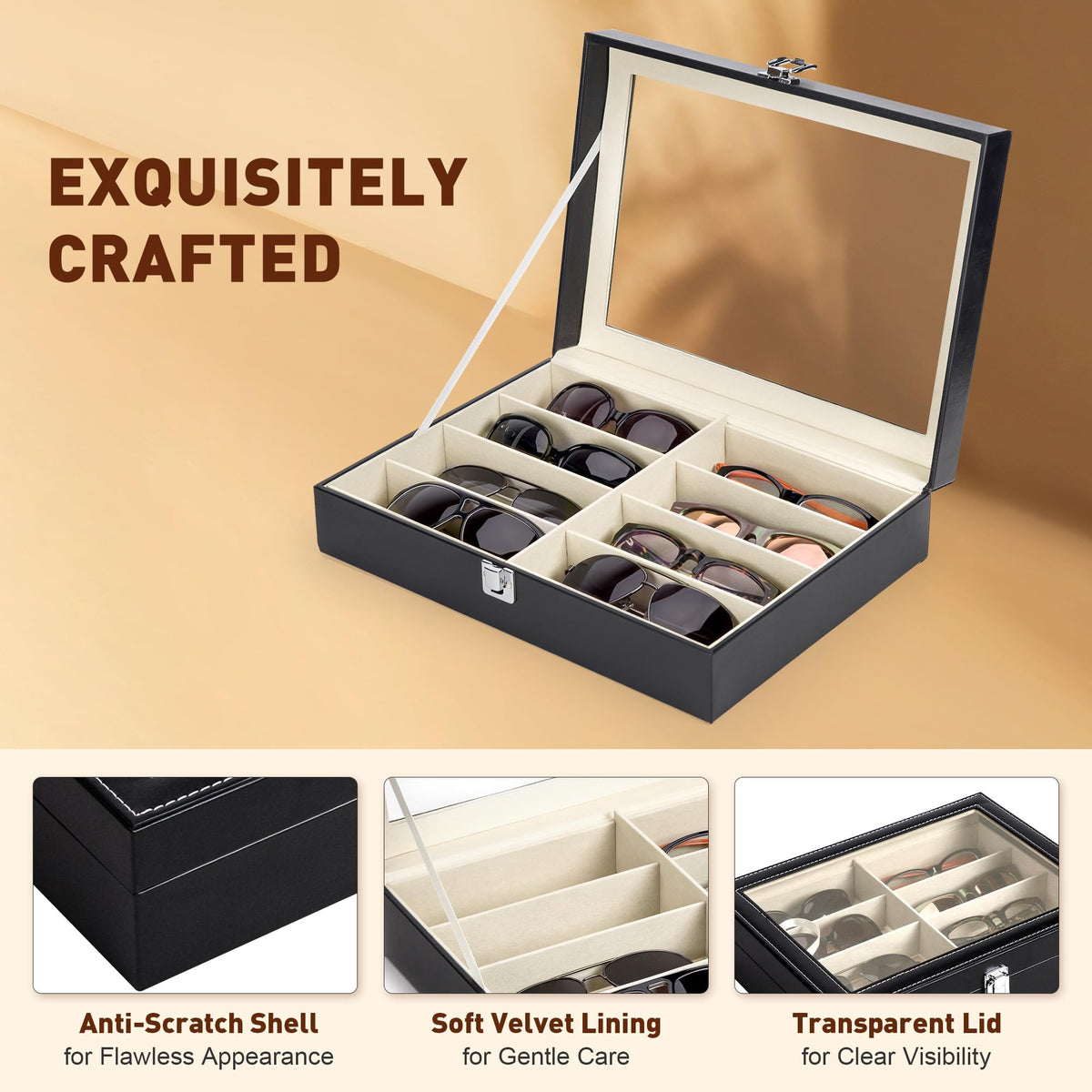 CO-Z Leather Multi Sunglasses Organizer for Women Men, Eyeglasses Eyewear Display Case with 8 Slots, Jewelry Watch Organizer, Sunglasses Jewelry Collection Case, Sunglass Glasses Storage Holder Box