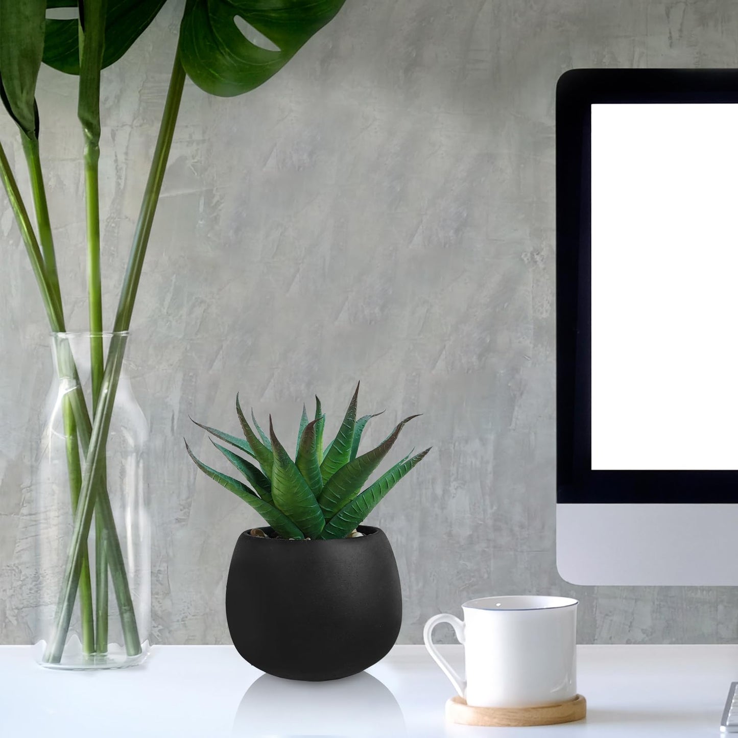 Winlyn Set of 3 Artificial Succulent Plants in Black Concrete Pots Faux Aloe Hops String of Pearls Potted Plants Small Fake Plants Desk Plants for Home Office Desk Kitchen Bathroom Shelf Windowsill