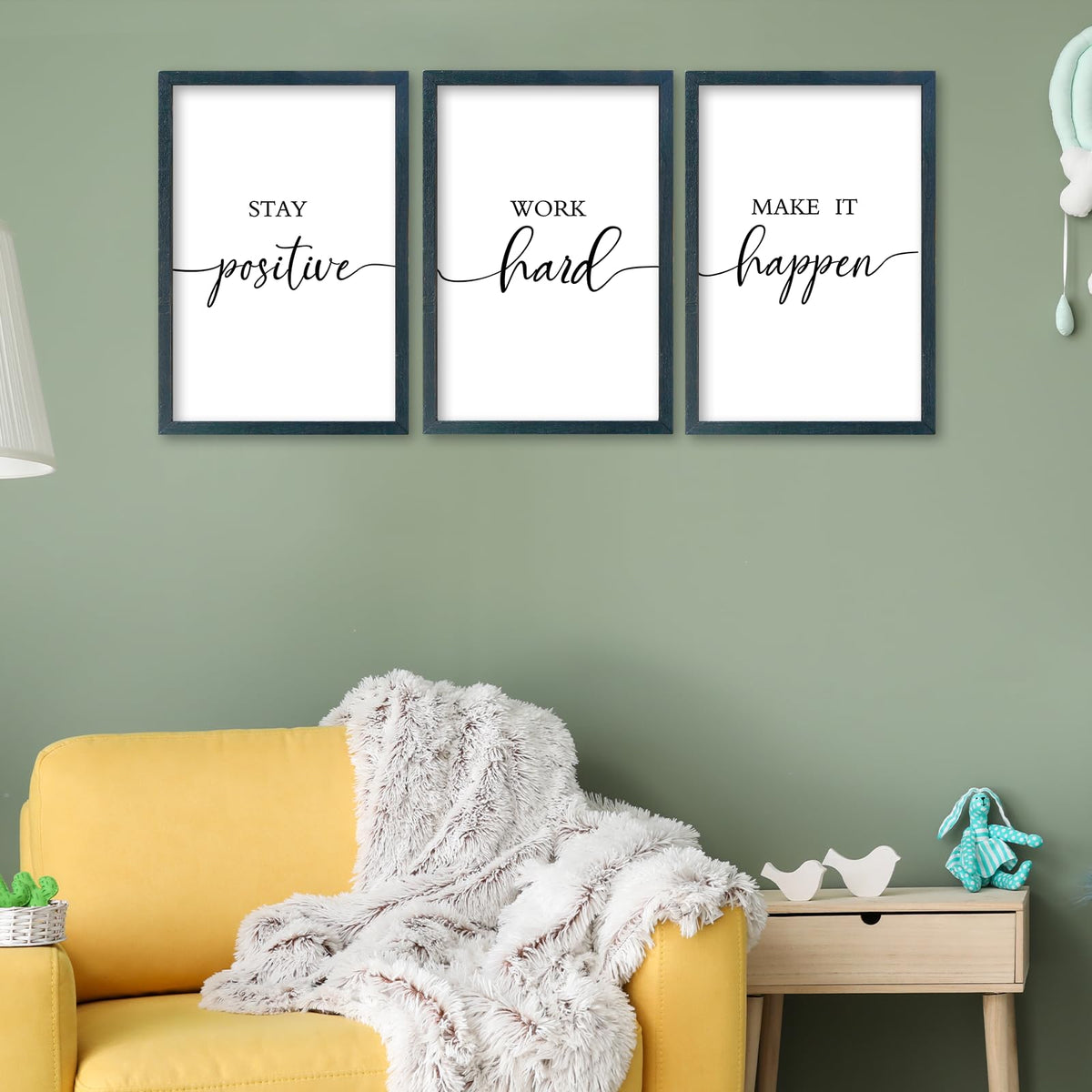 SRSZHIYUE Office Motivational Decor 16"×11" Set of 3 Stay Positive Work Hard Make It Happen Inspirational Quotes Wooden Framed Wall Hanging Art (Black)