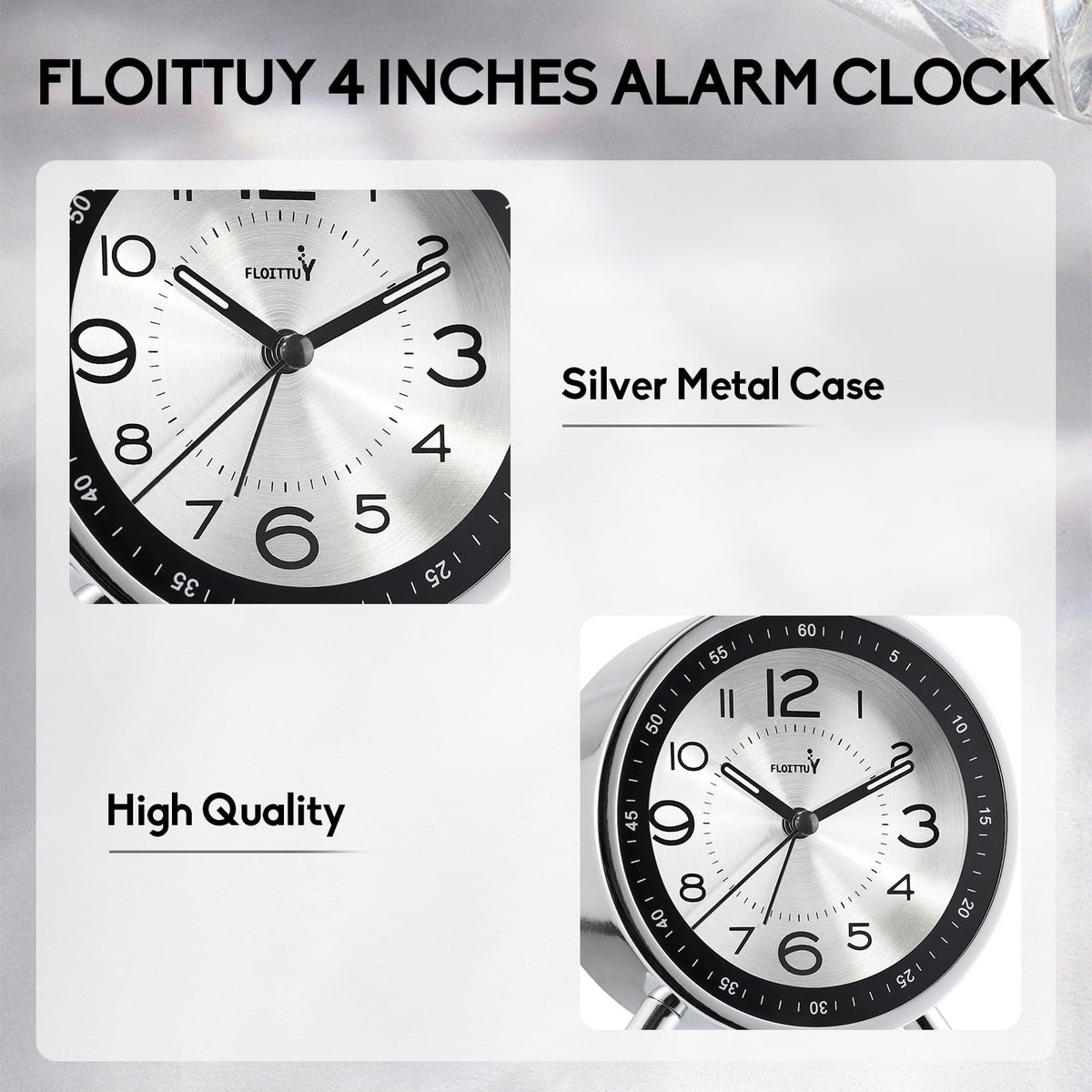 FLOITTUY Super Silent Metal Alarm Clock,Beep Wake Round Alarm Clock with Strip Night Light,Battery Operated,Easy Set,Simple & Retro for Desk, Bedroom and Home Decoration(Metallic Silver)