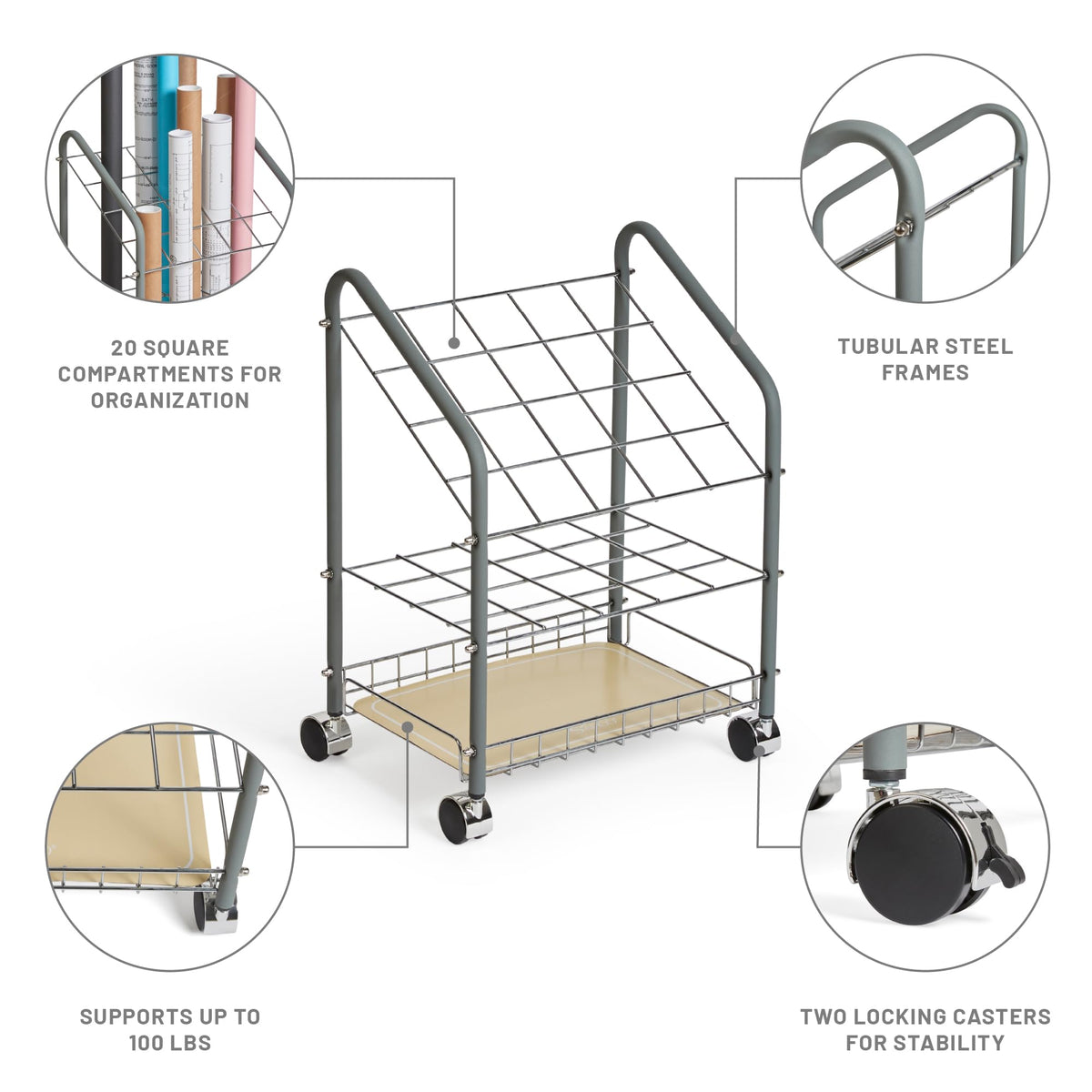 Safco Tubular Steel Wire Roll File Cart, Document and Blueprint Holder, 20 Compartment, Rolling Organizer Cart for Architectural Drawings, Construction Plans and Map Storage