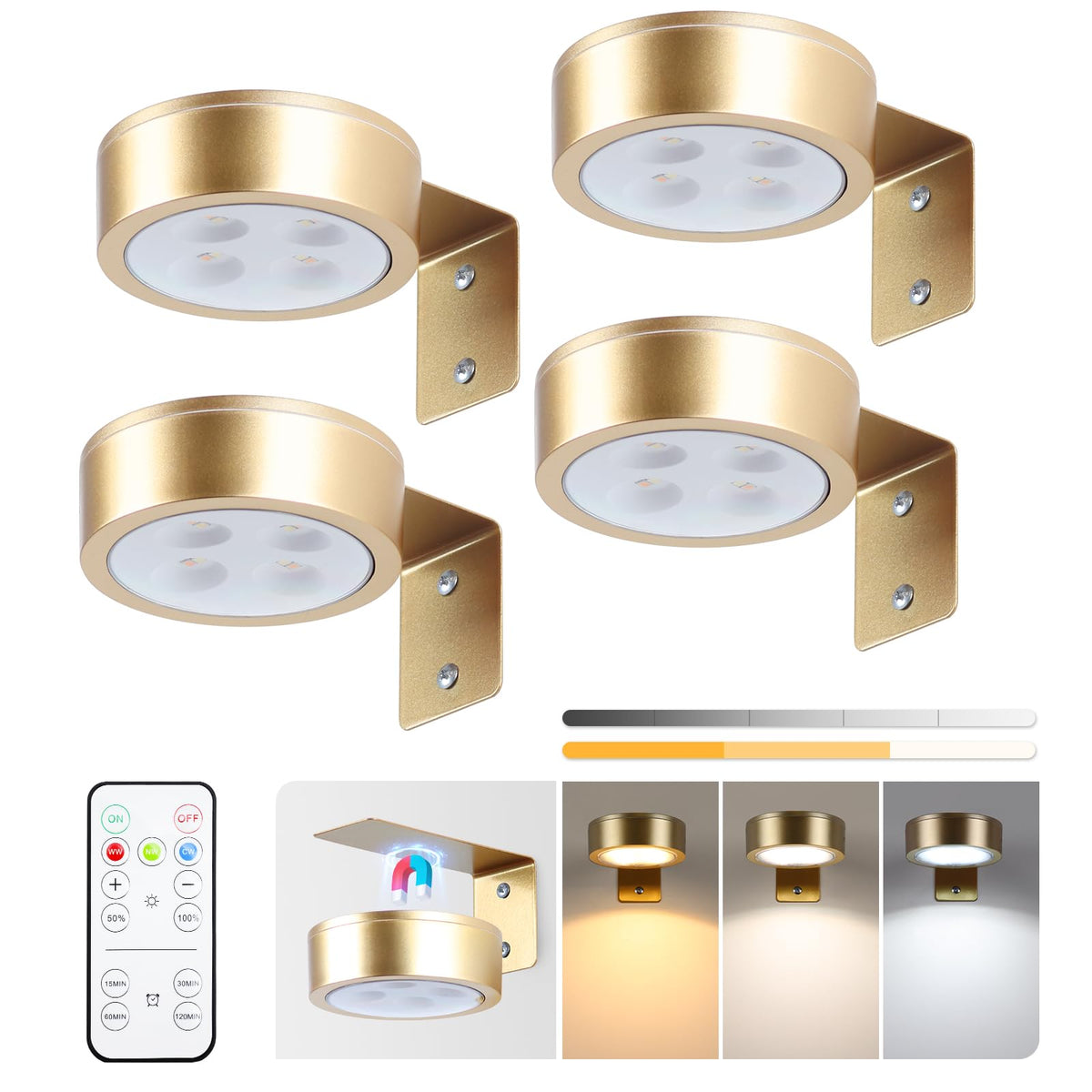 KELUOLY 4-Pack Picture Light Battery Operated Painting Lights for Wall, Magnetic LED Display Art Light with Remote, Dimmable and Timer Portrait Light for Art Frame Artworking, Wall Decor Puck Light