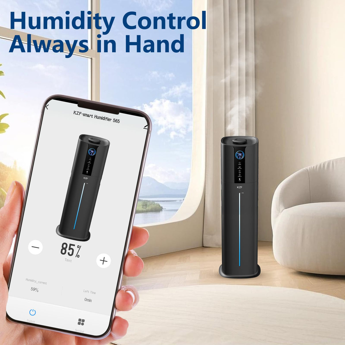 KZF 9L Smart Humidifiers for Bedroom Large Room, 2.3Gal Cool Mist Top Fill Diffuser App & Remote Control, 3 Mist Modes, Quiet Humidifier for Home Office Plant (Black, Remote Control)