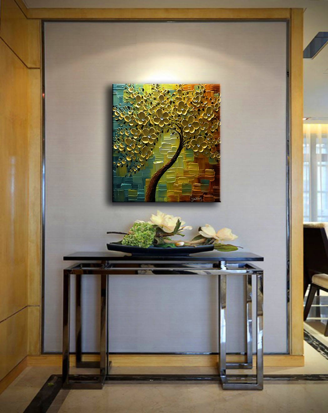 YaSheng Art - hand painted Wall Art, Modern Abstract 3D Textured Wall Art ,Golden Floral Oil Paintings ,Wall Art for Living Room, Bedroom Wall Decor, Framed Wall Art,Office Home Wall Decor Artwork 24x24inch