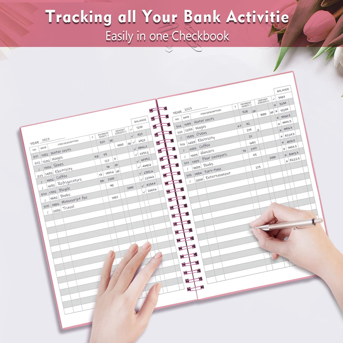 Check Registers for Personal Checkbook, Spiral Large Check Register Book, Budget Planner with Check Register for Personal and Work, 7.5'' x 10'' - Pink